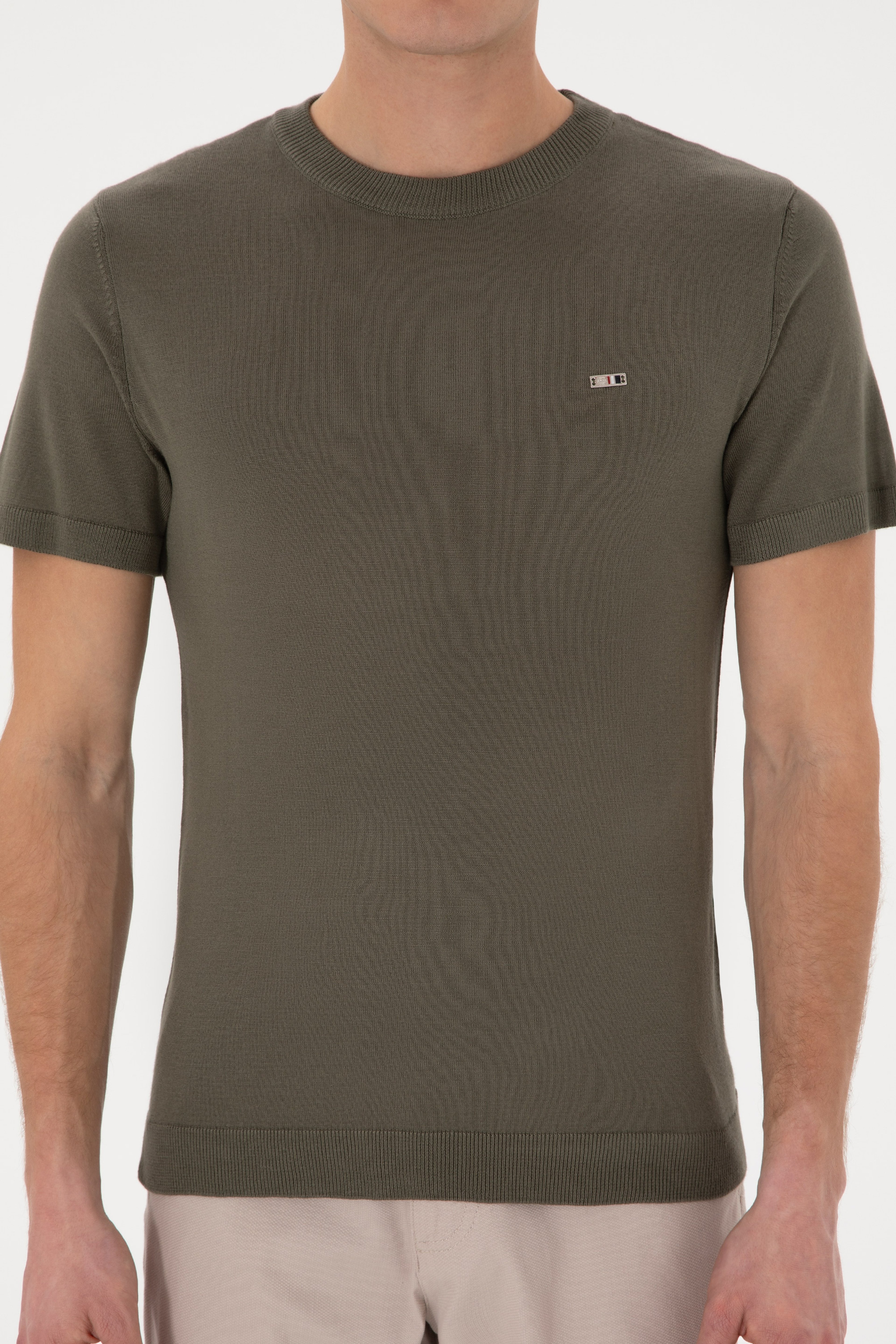 Erkek Slim Fit Bisiklet Yaka Koyu Haki Tişört