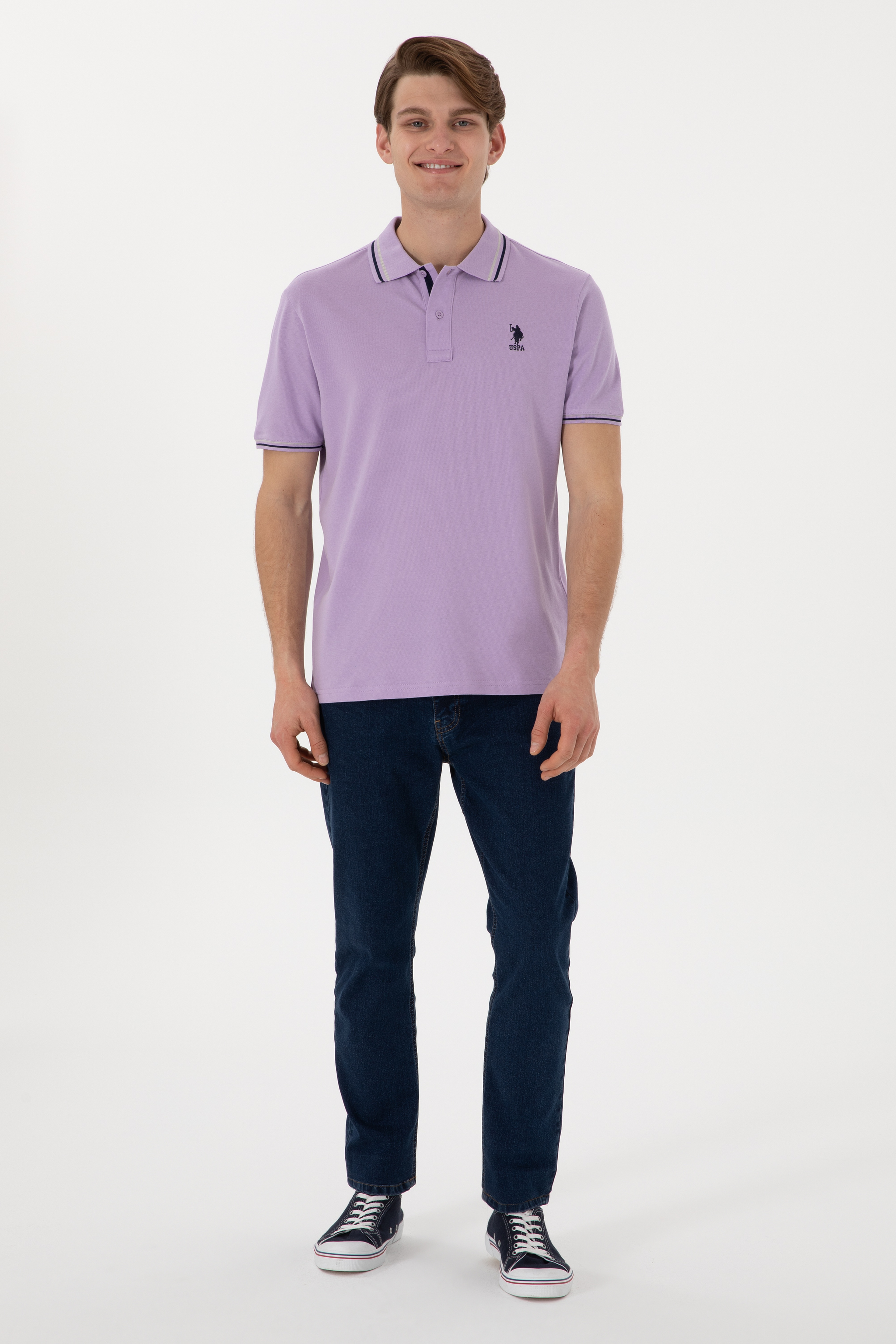 Erkek Regular Fit Polo Yaka Lila Basic Tişört - Image 5