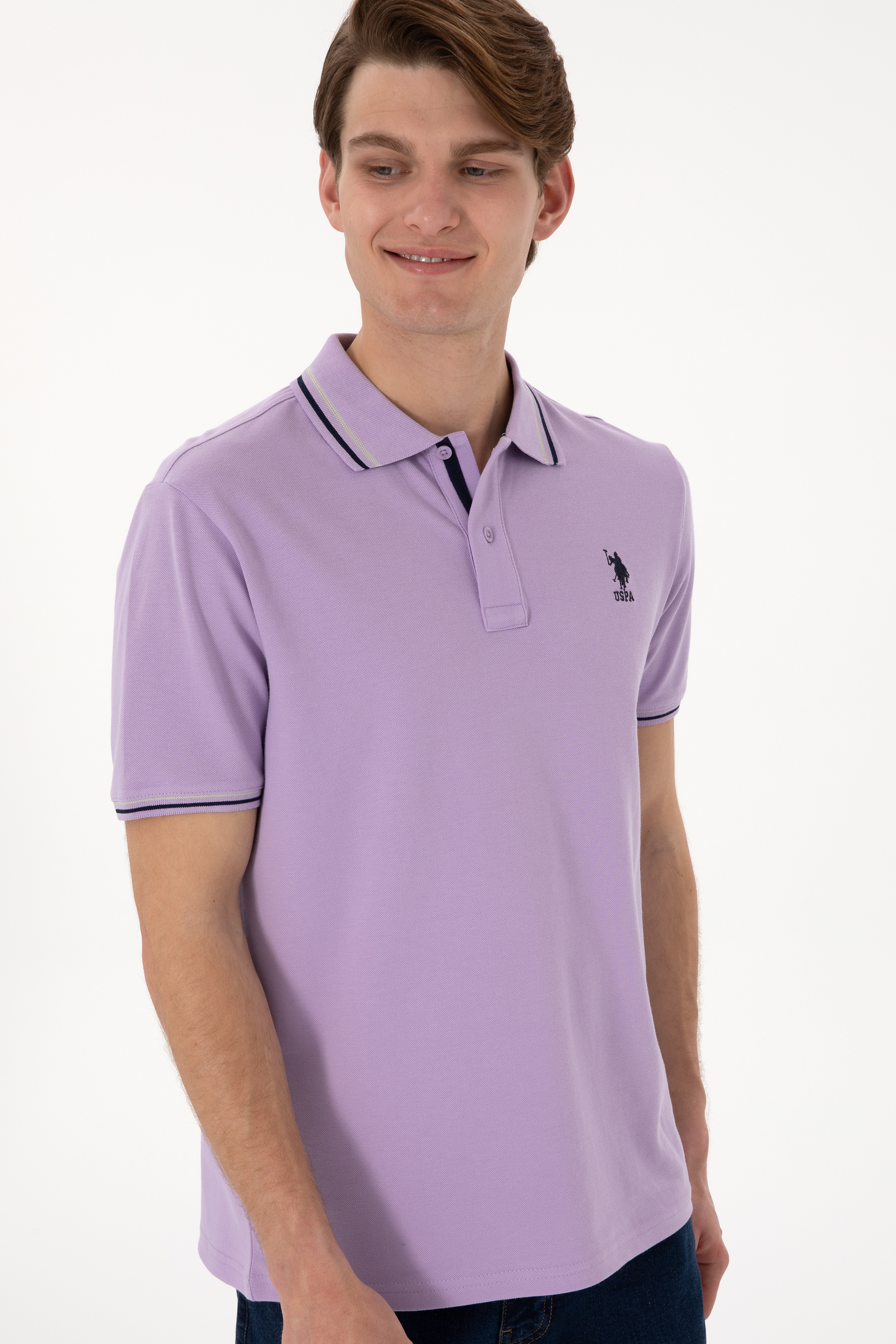 Erkek Regular Fit Polo Yaka Lila Basic Tişört - Image 4