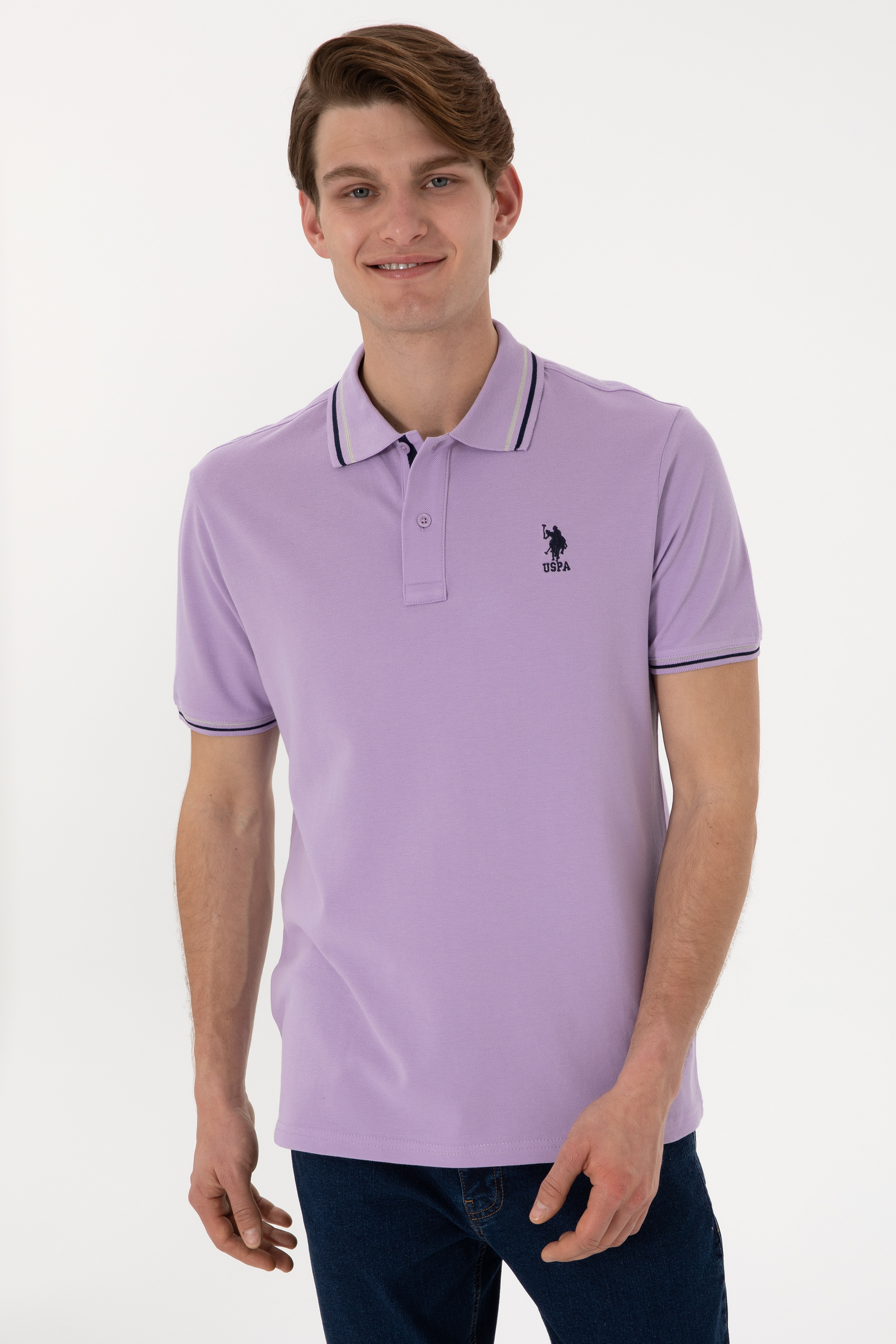 Erkek Regular Fit Polo Yaka Lila Basic Tişört - Image 2