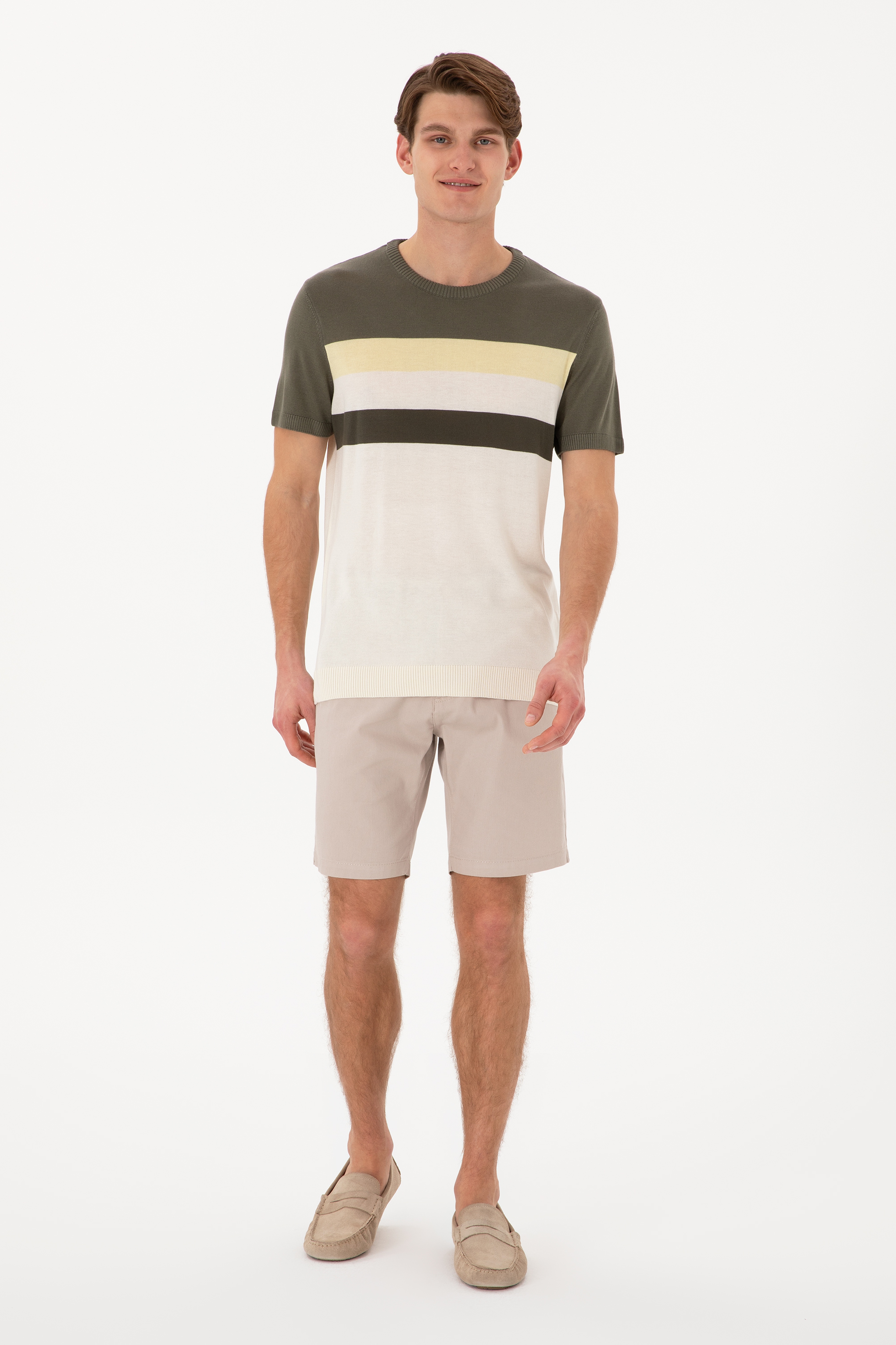 Erkek Slim Fit Bisiklet Yaka Haki Tişört