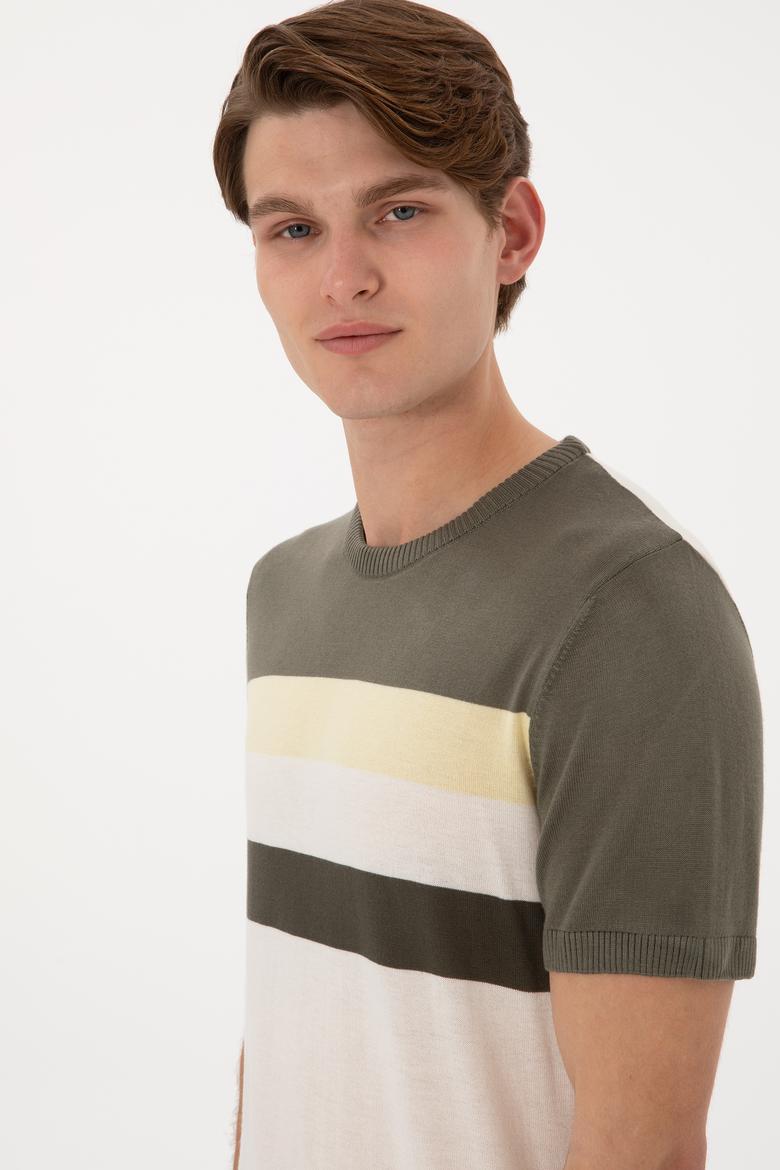 Erkek Slim Fit Bisiklet Yaka Haki Tişört - 50306459007