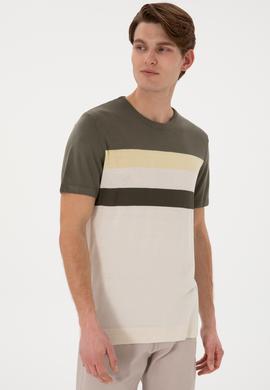 Erkek Slim Fit Bisiklet Yaka Haki Tişört - 50306459007