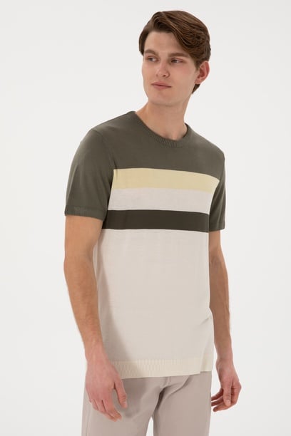 Erkek Slim Fit Bisiklet Yaka Haki Tişört