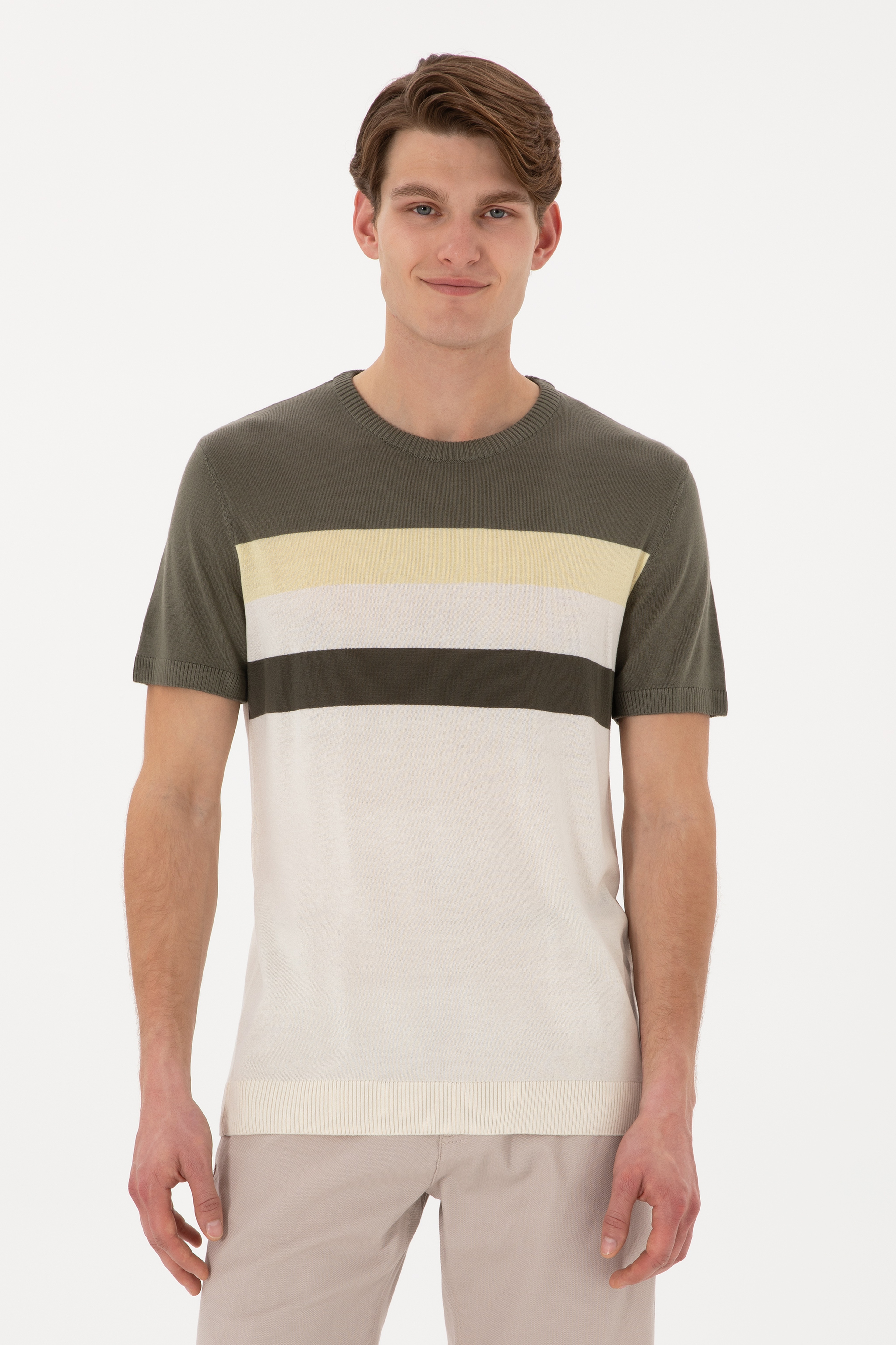 Erkek Slim Fit Bisiklet Yaka Haki Tişört - Image 1