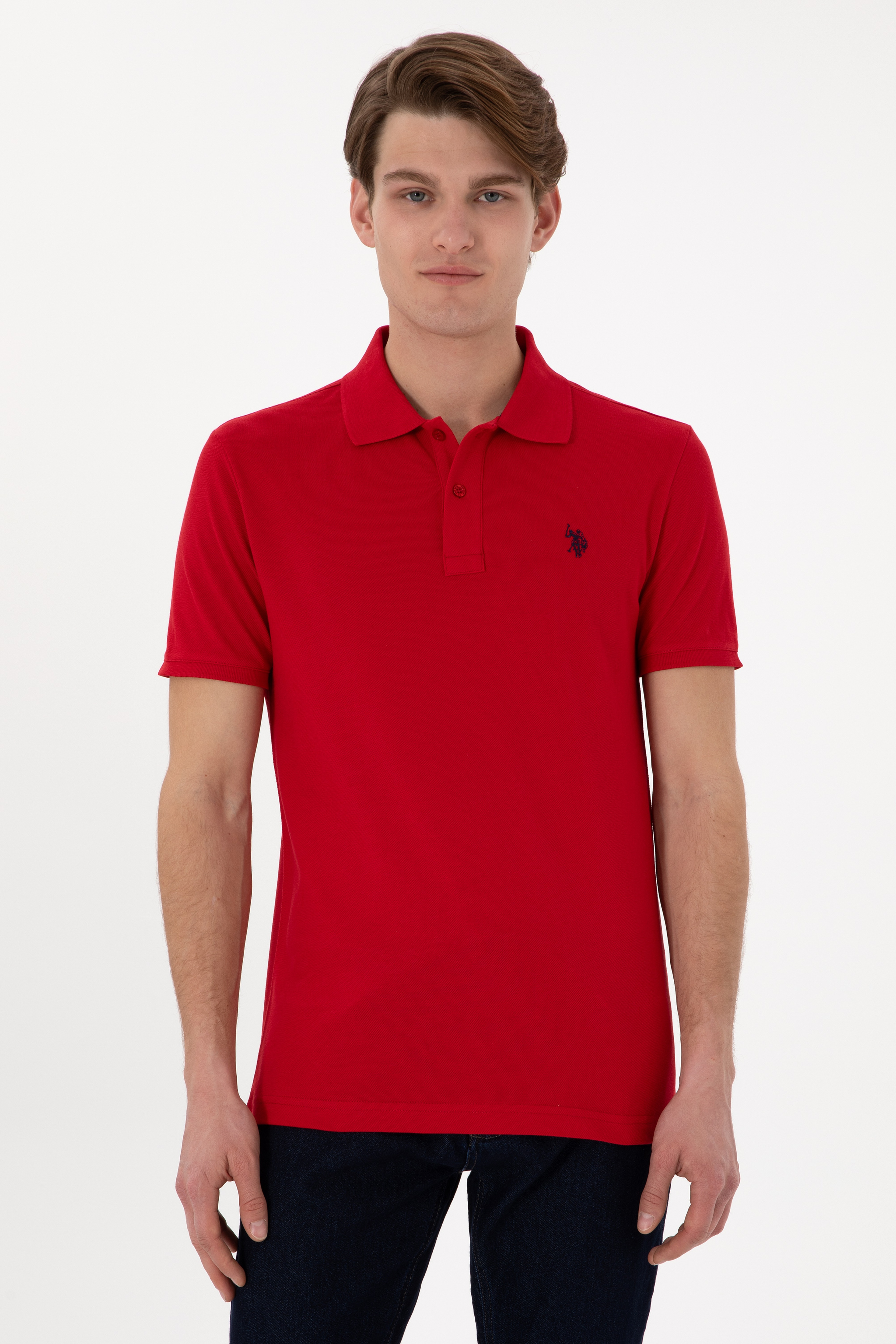 Erkek Slim Fit Polo Yaka Kırmızı Basic Tişört - Image 1