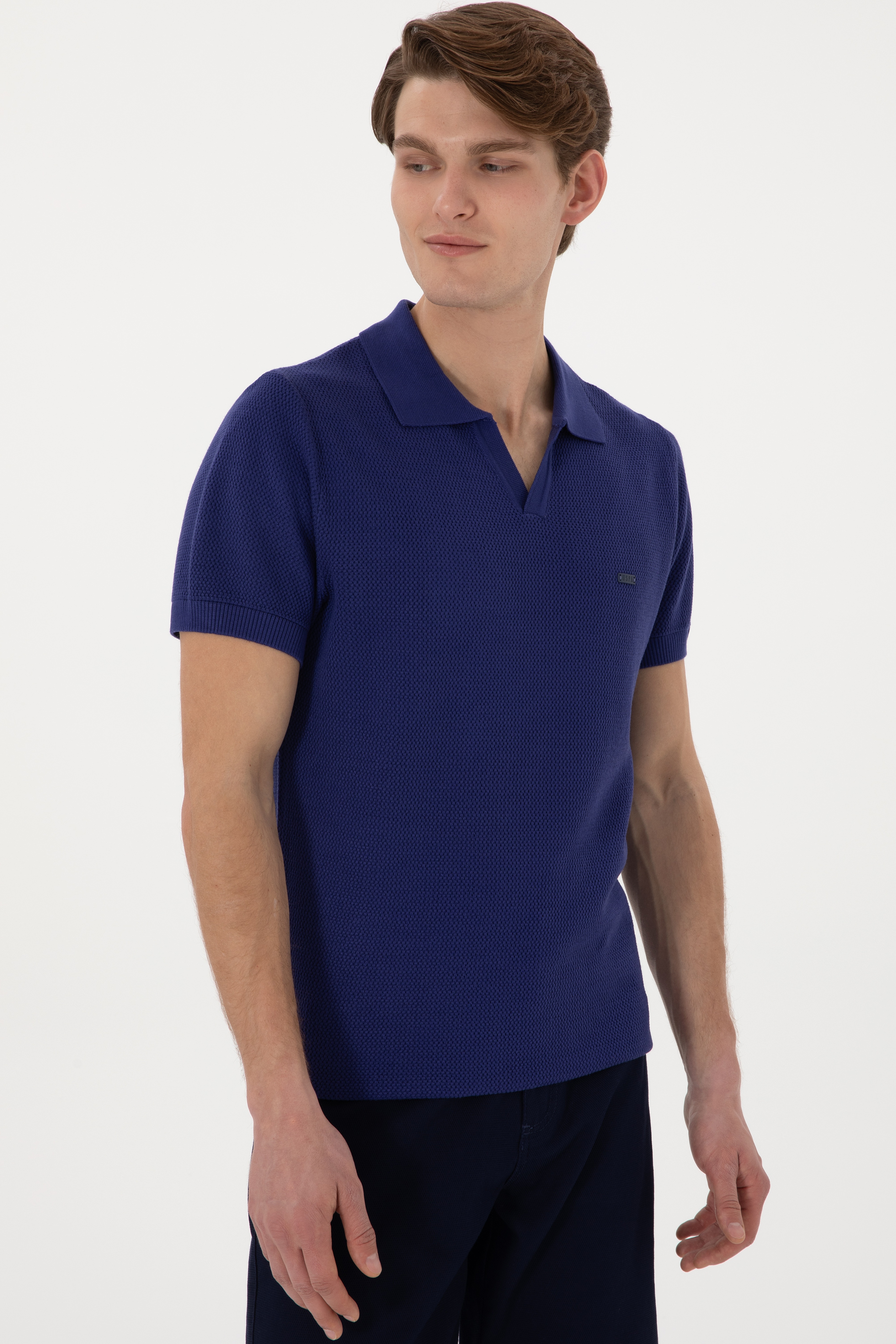 Erkek Slim Fit Polo Yaka Açık Lacivert Tişört - Image 3