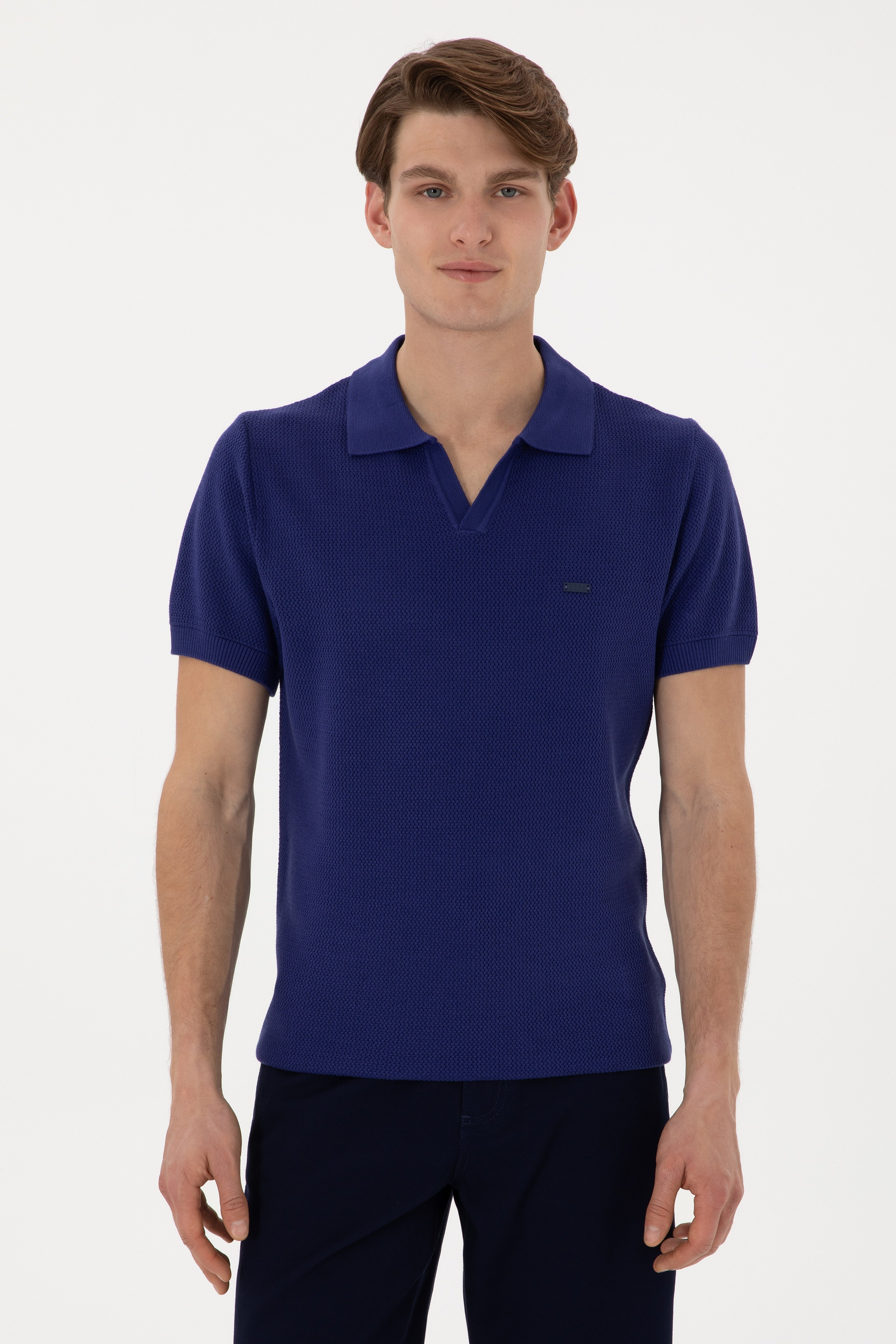 Erkek Slim Fit Polo Yaka Açık Lacivert Tişört - Image 1