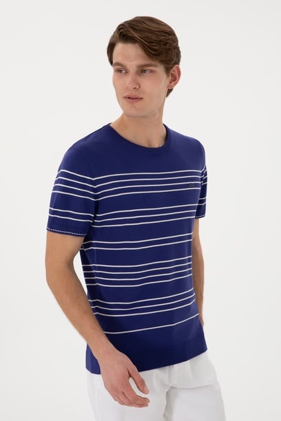 Erkek Slim Fit Bisiklet Yaka Açık Lacivert Tişört