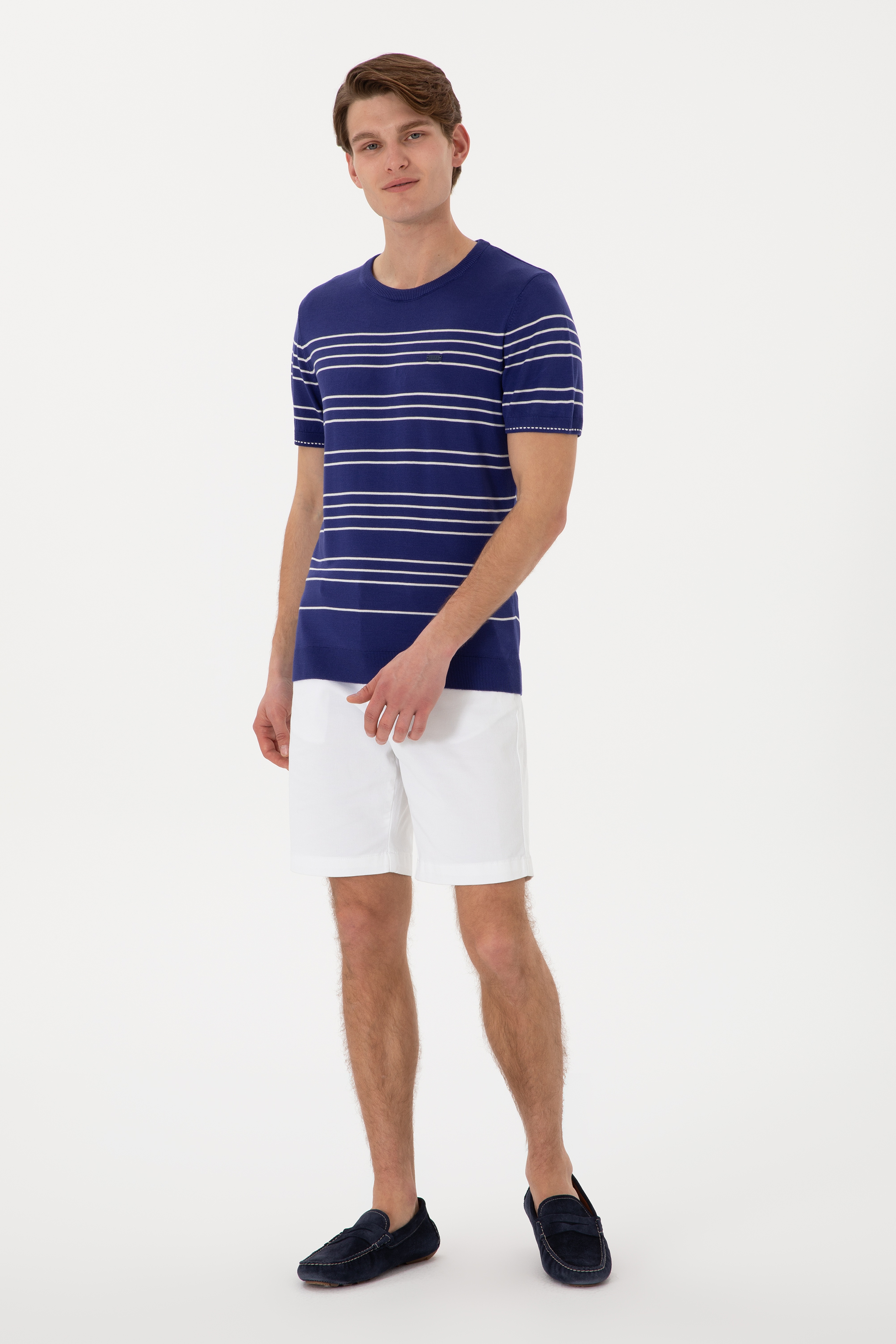 Erkek Slim Fit Bisiklet Yaka Açık Lacivert Tişört - Image 4