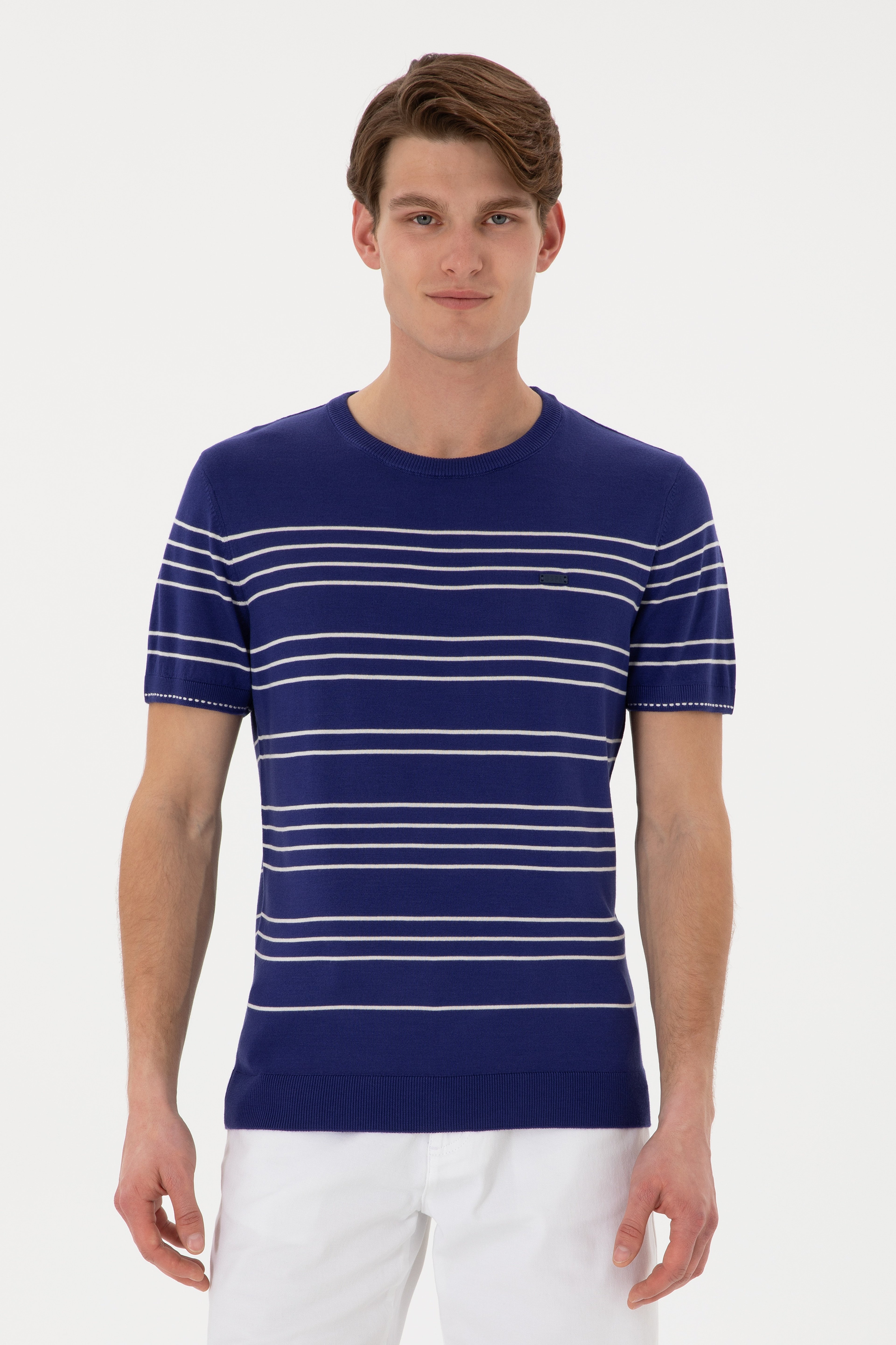 Erkek Slim Fit Bisiklet Yaka Açık Lacivert Tişört - Image 1