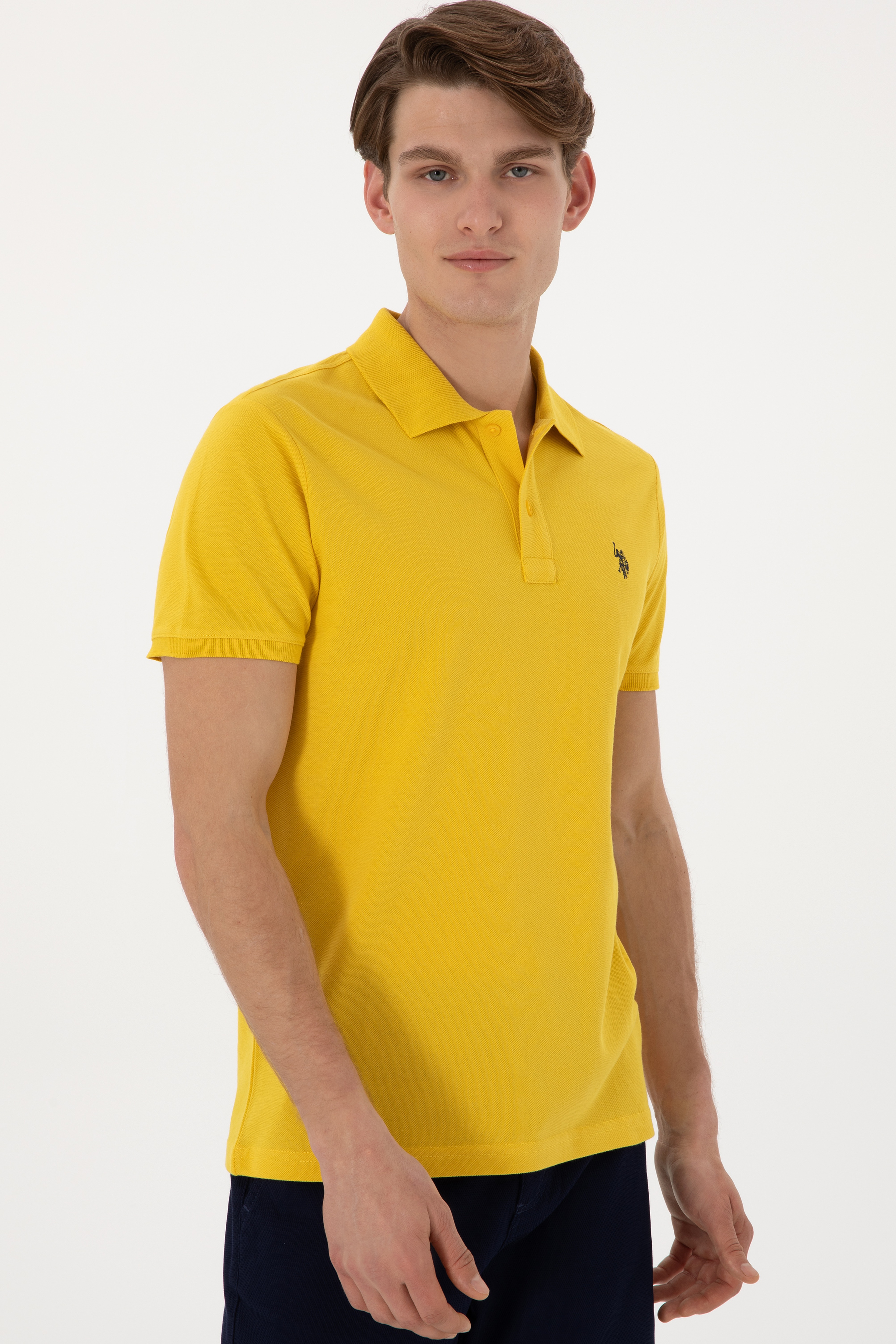 Erkek Slim Fit Polo Yaka Sarı Basic Tişört - Image 3