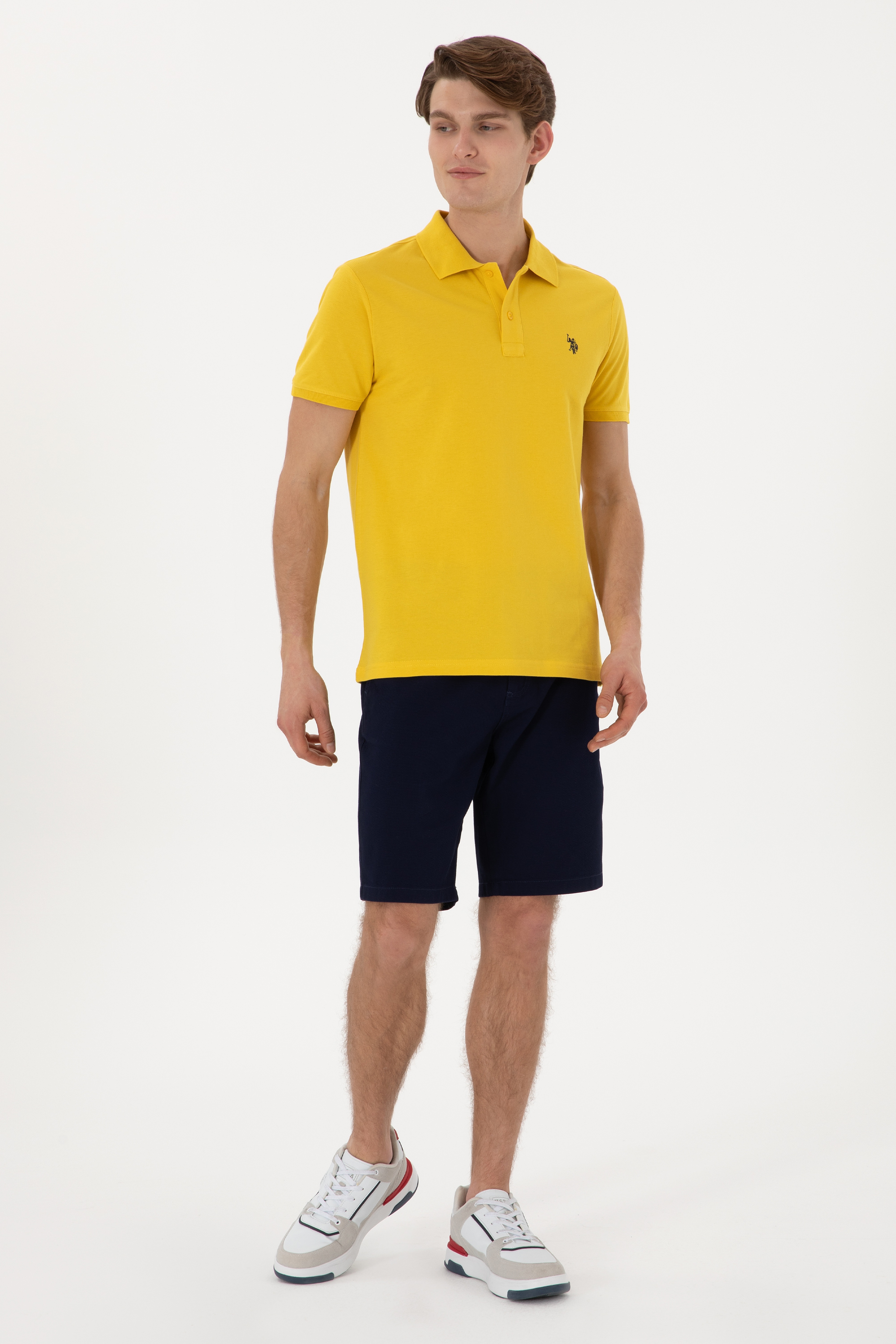 Erkek Slim Fit Polo Yaka Sarı Basic Tişört - Image 4