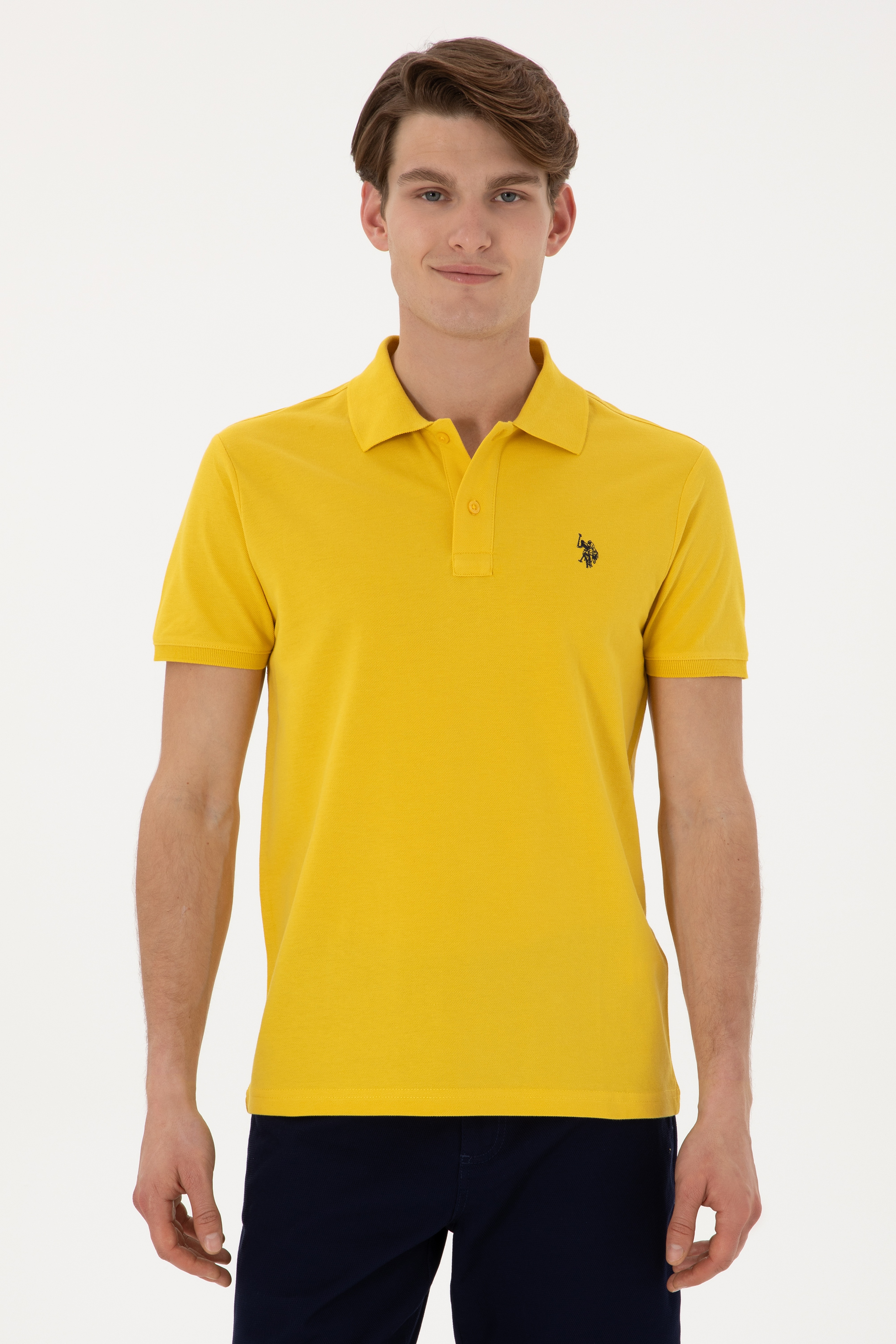 Erkek Slim Fit Polo Yaka Sarı Basic Tişört - Image 1