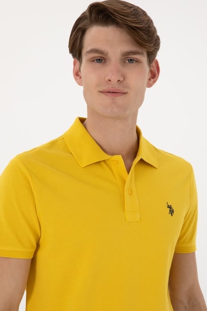 Erkek Slim Fit Polo Yaka Sarı Basic Tişört