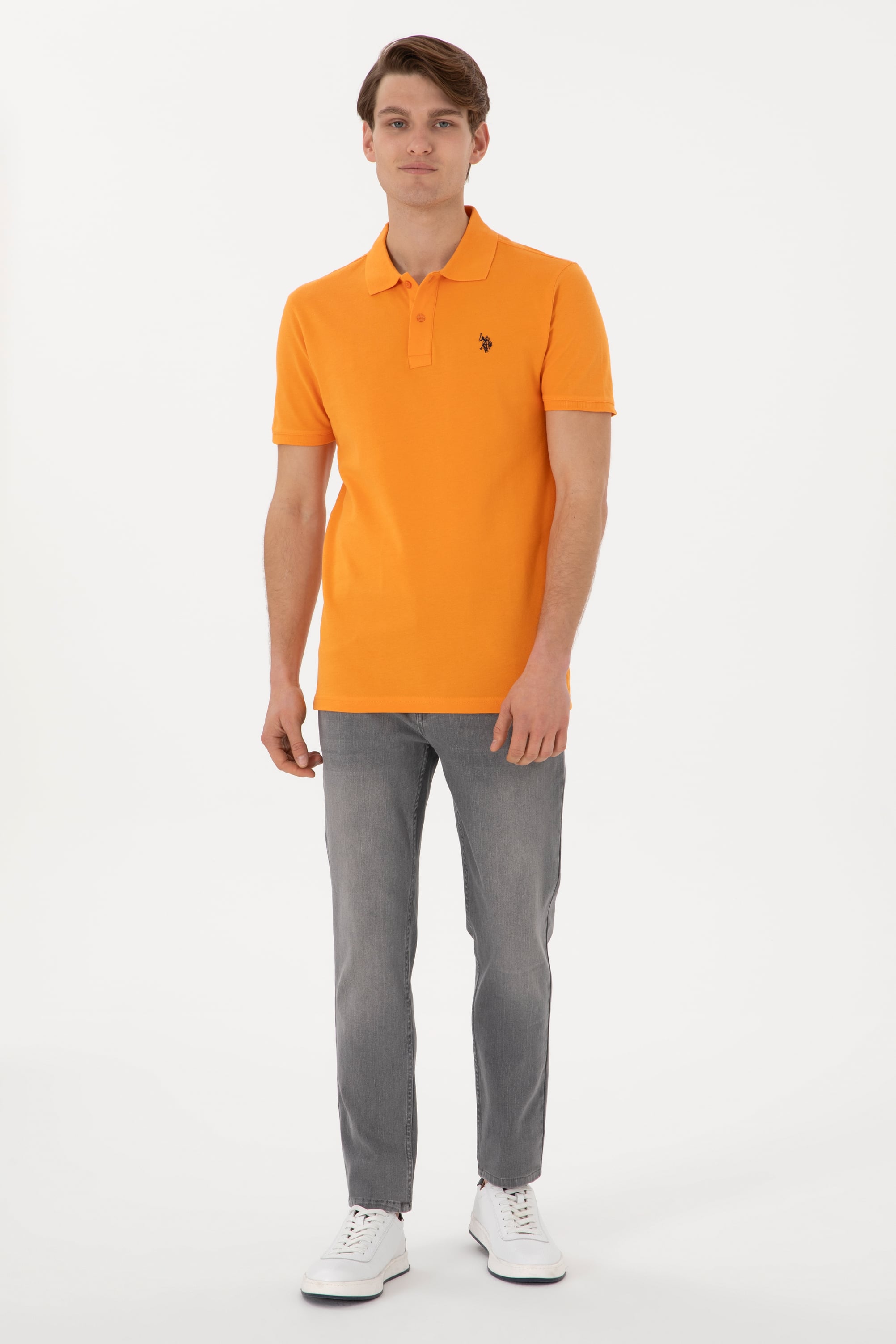 Erkek Slim Fit Polo Yaka Turuncu Basic Tişört - Image 4