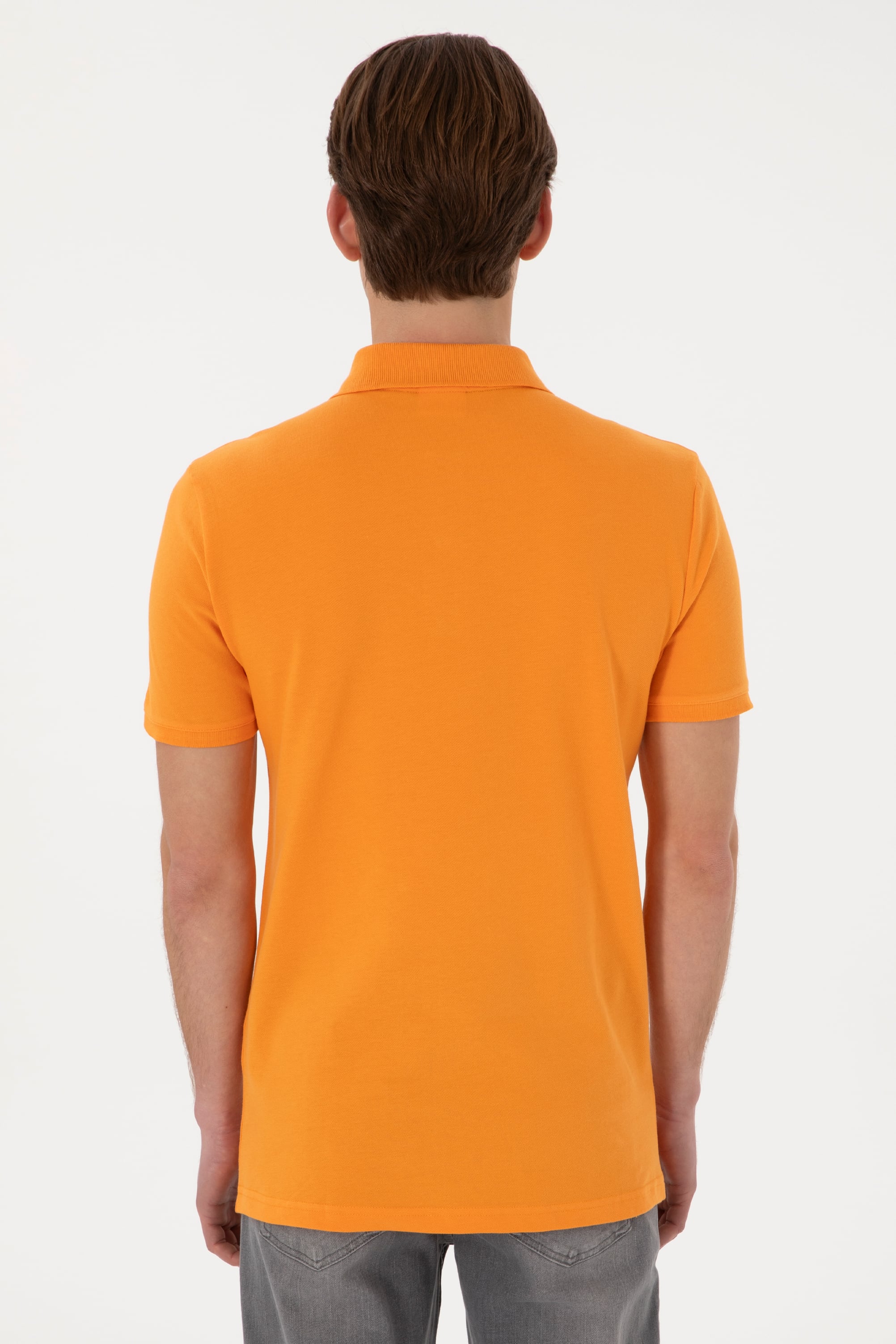Erkek Slim Fit Polo Yaka Turuncu Basic Tişört - Image 5