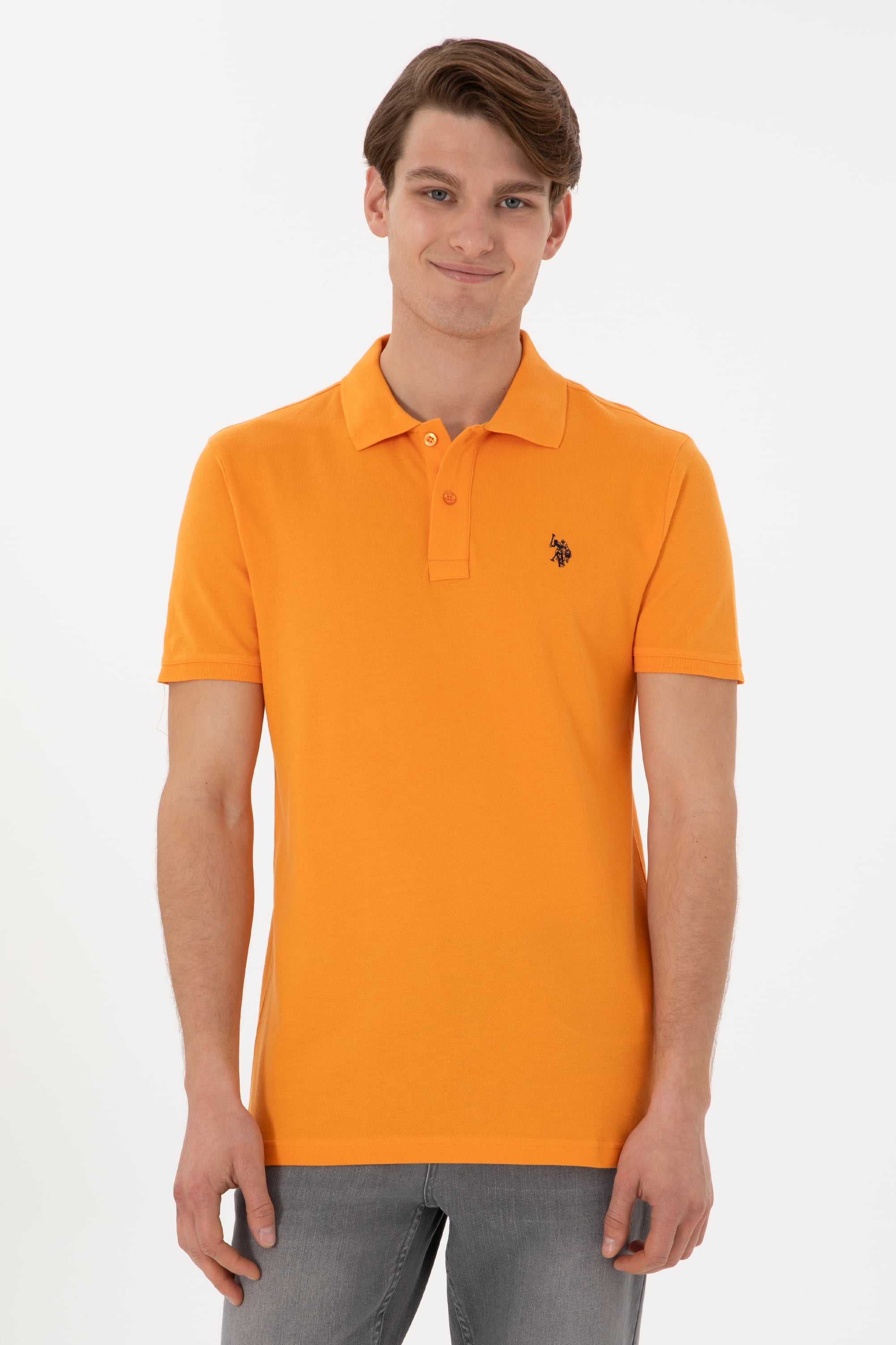 Erkek Slim Fit Polo Yaka Turuncu Basic Tişört - Image 1