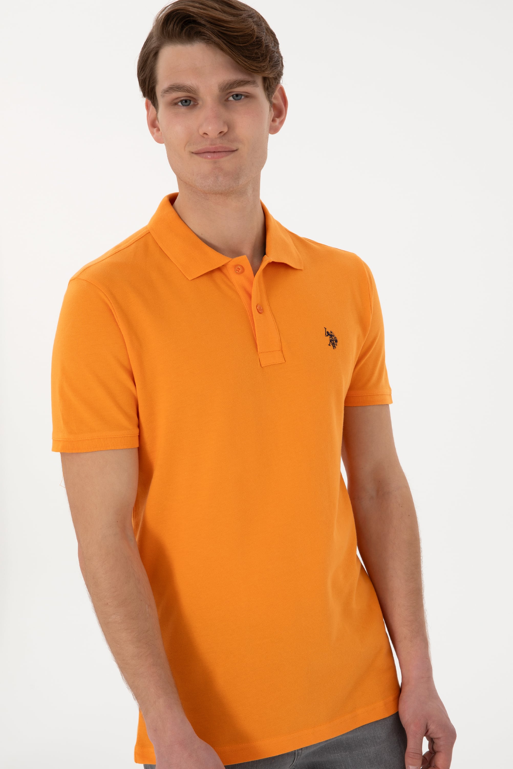 Erkek Slim Fit Polo Yaka Turuncu Basic Tişört - Image 3