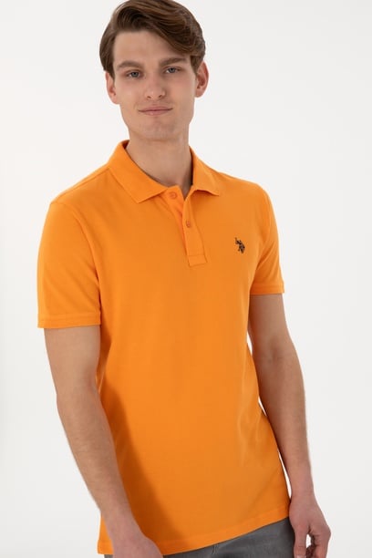 Erkek Slim Fit Polo Yaka Turuncu Basic Tişört