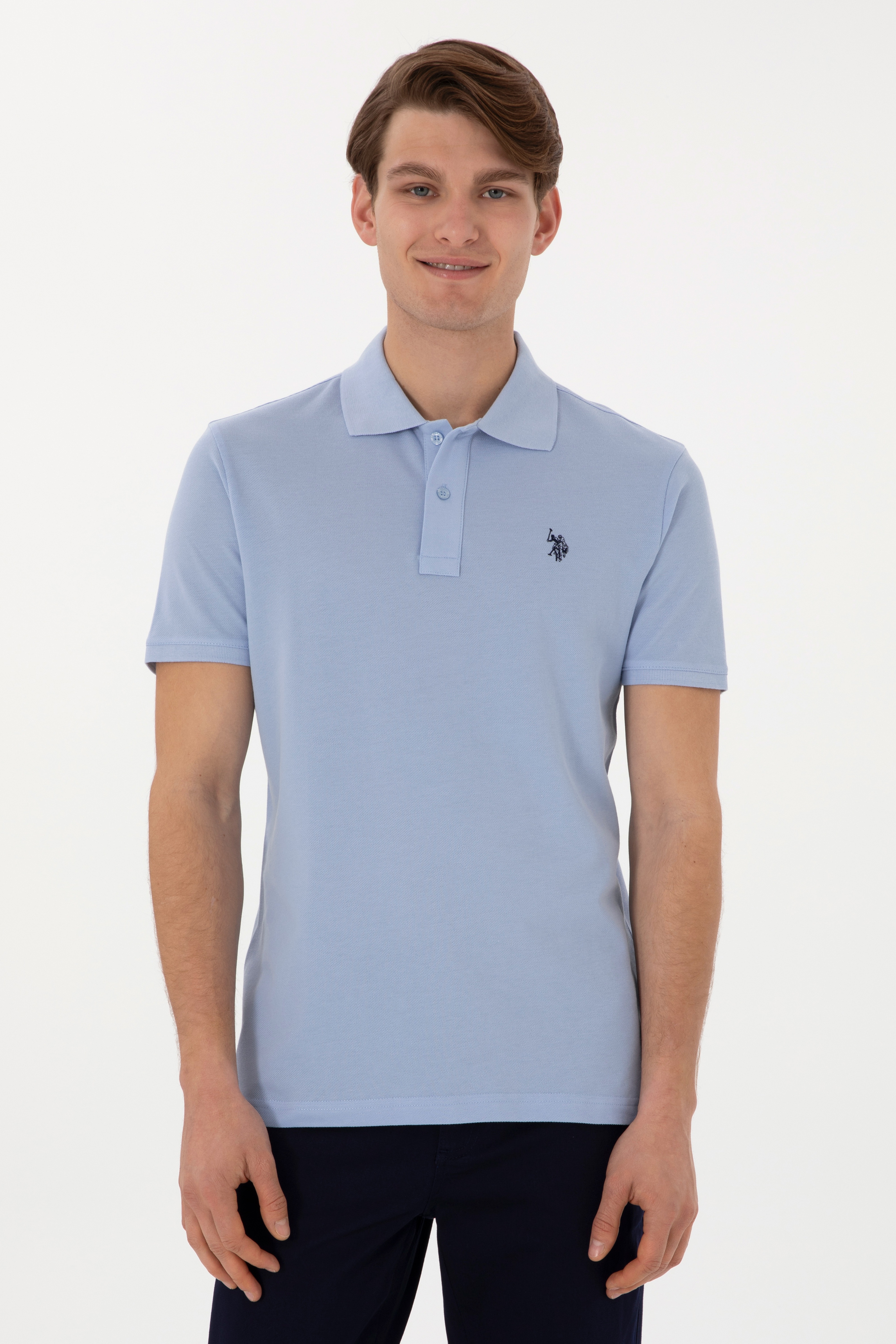 Erkek Slim Fit Polo Yaka Açık Mavi Basic Tişört - Image 1