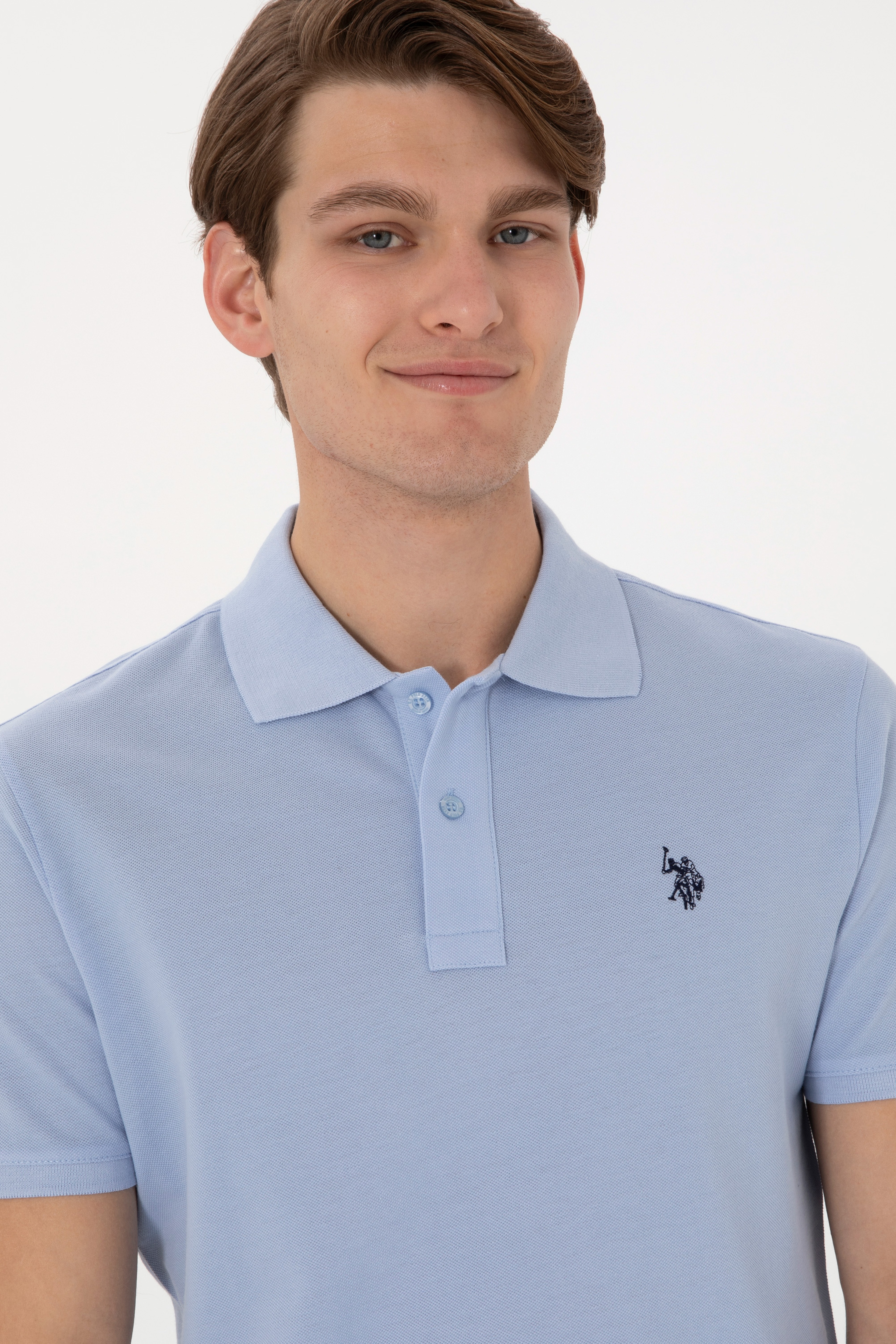 Erkek Slim Fit Polo Yaka Açık Mavi Basic Tişört - Image 2