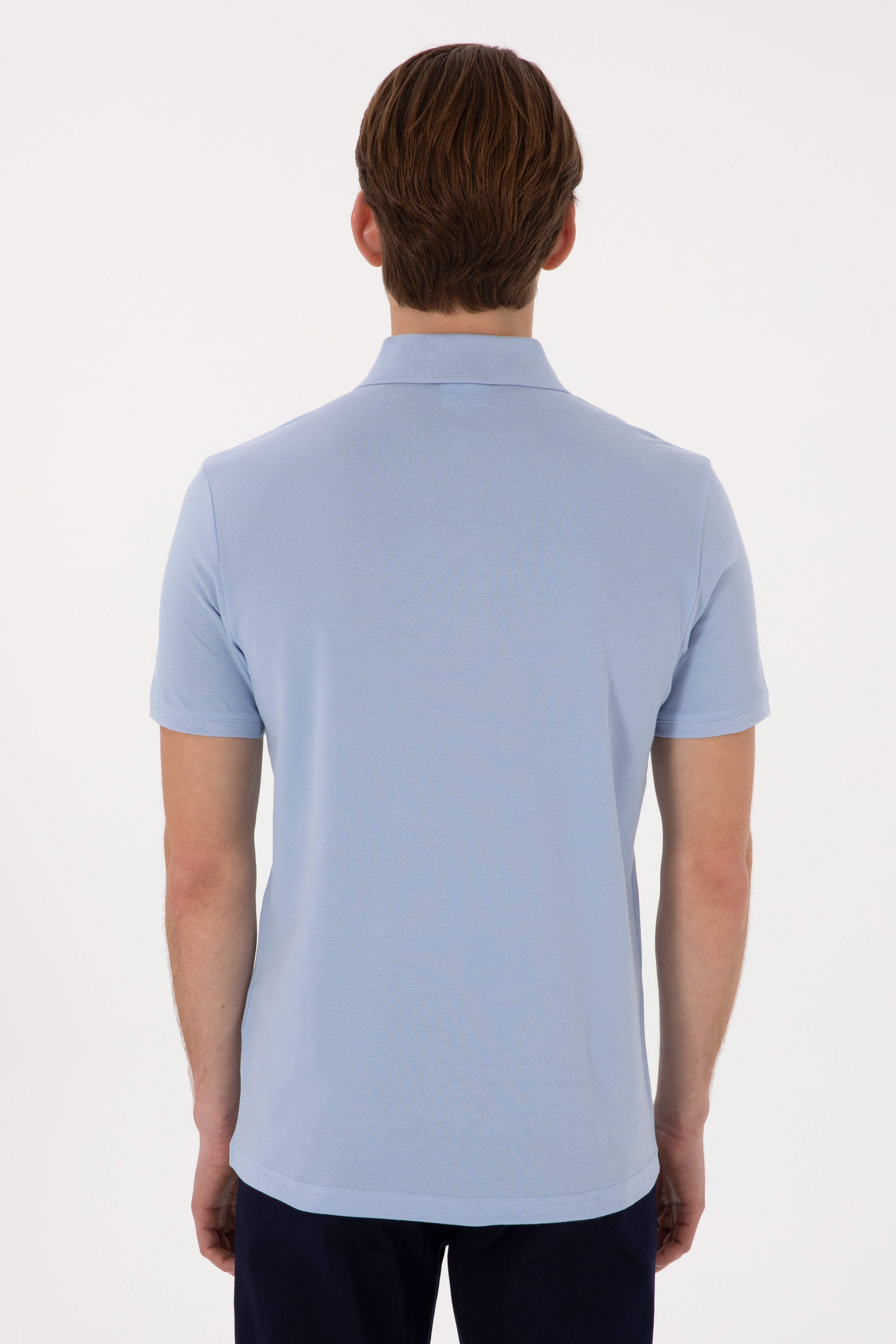 Erkek Slim Fit Polo Yaka Açık Mavi Basic Tişört - Image 5
