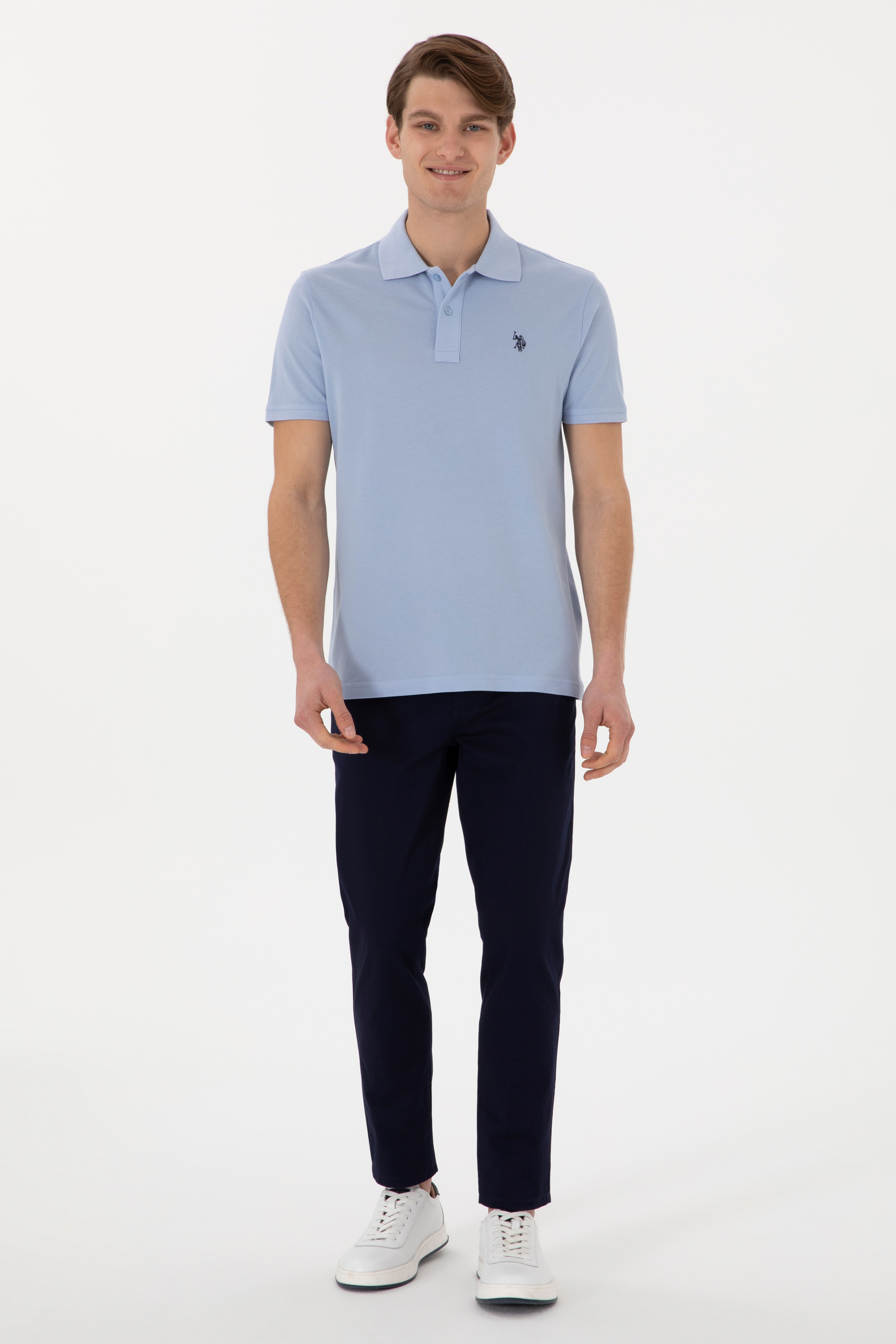 Erkek Slim Fit Polo Yaka Açık Mavi Basic Tişört - Image 4