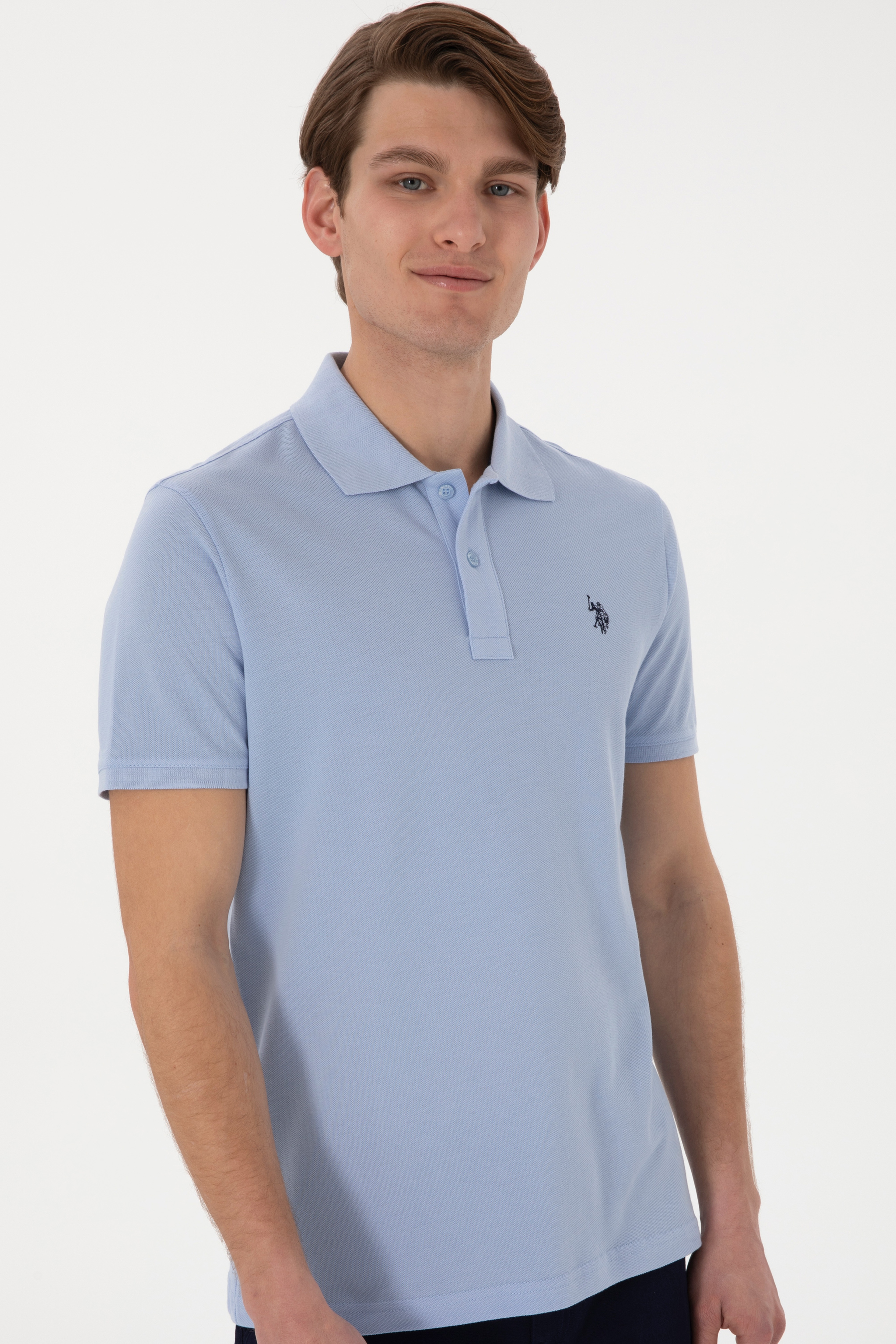 Erkek Slim Fit Polo Yaka Açık Mavi Basic Tişört