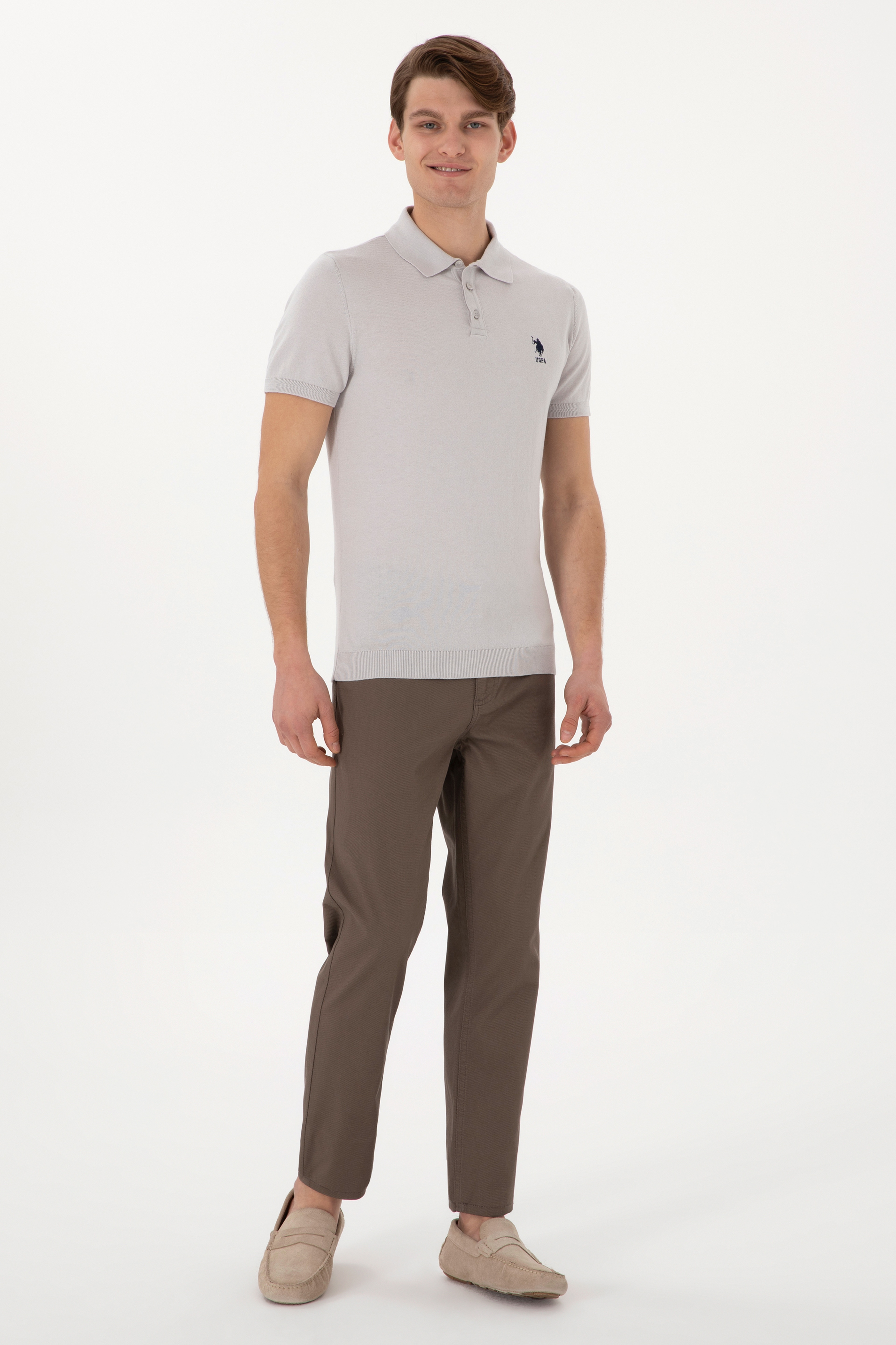 Erkek Slim Fit Polo Yaka Açık Gri Tişört - Image 4