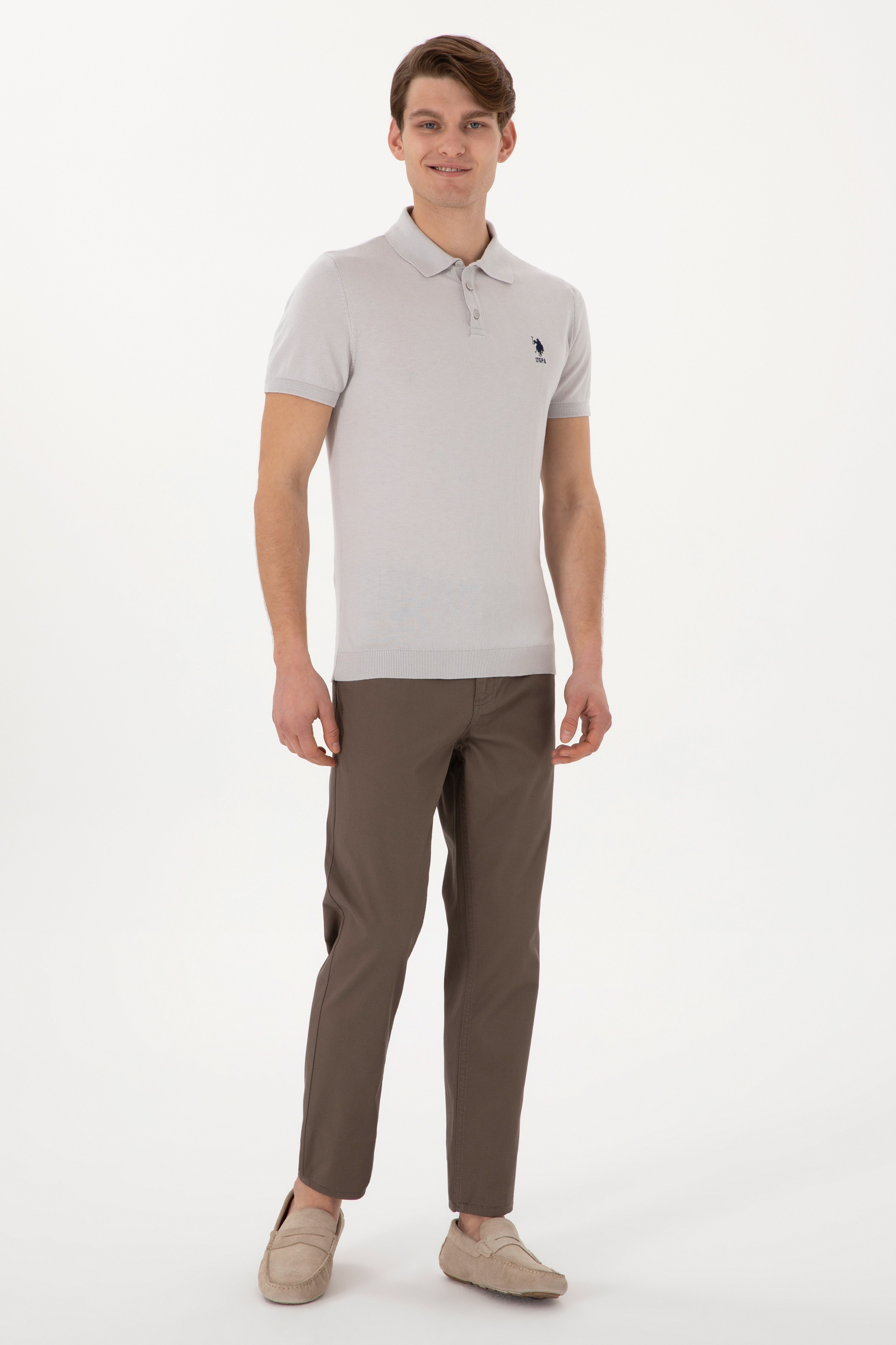 Erkek Slim Fit Polo Yaka Açık Gri Tişört