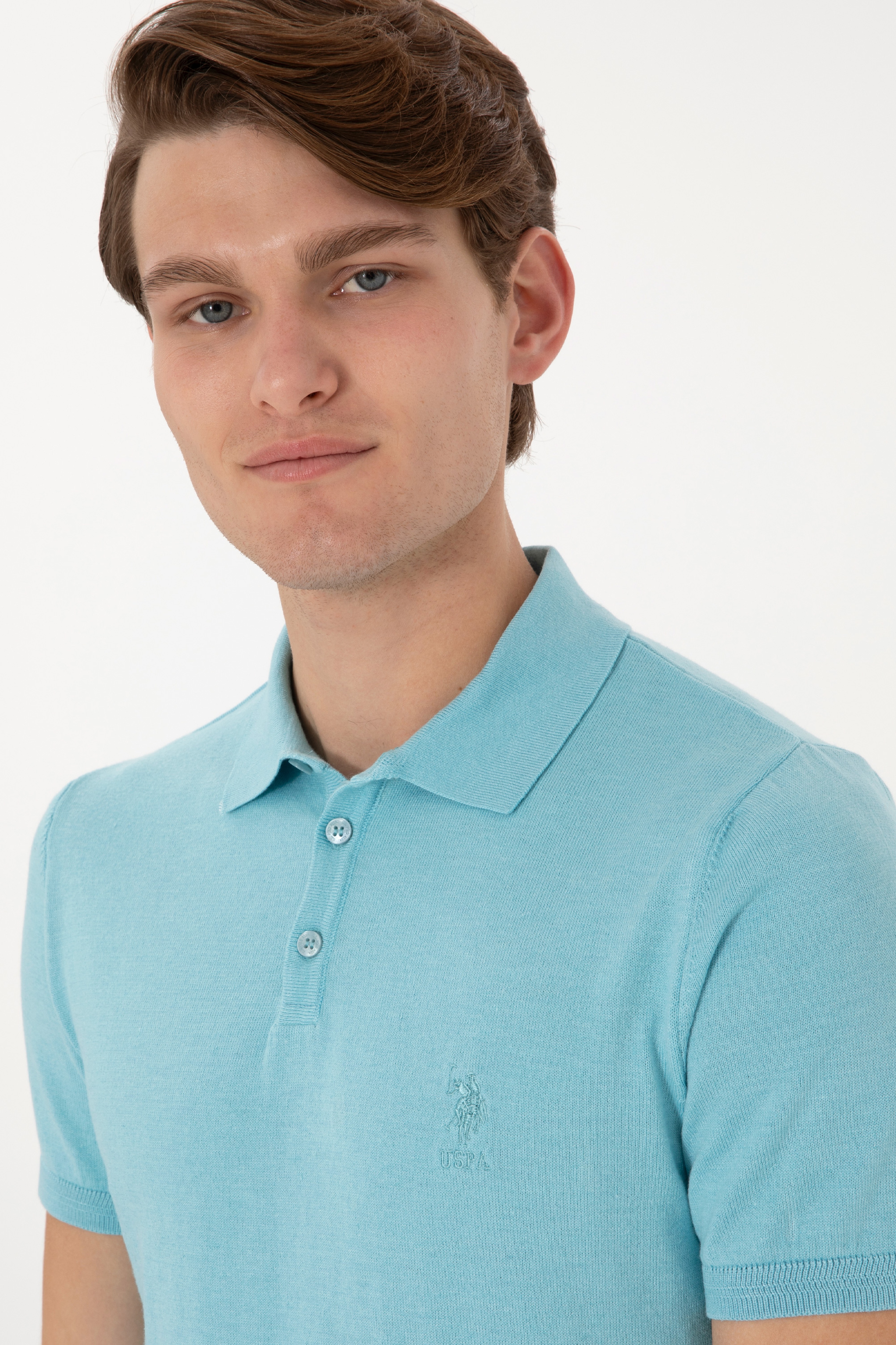 Erkek Slim Fit Polo Yaka Aqua Tişört