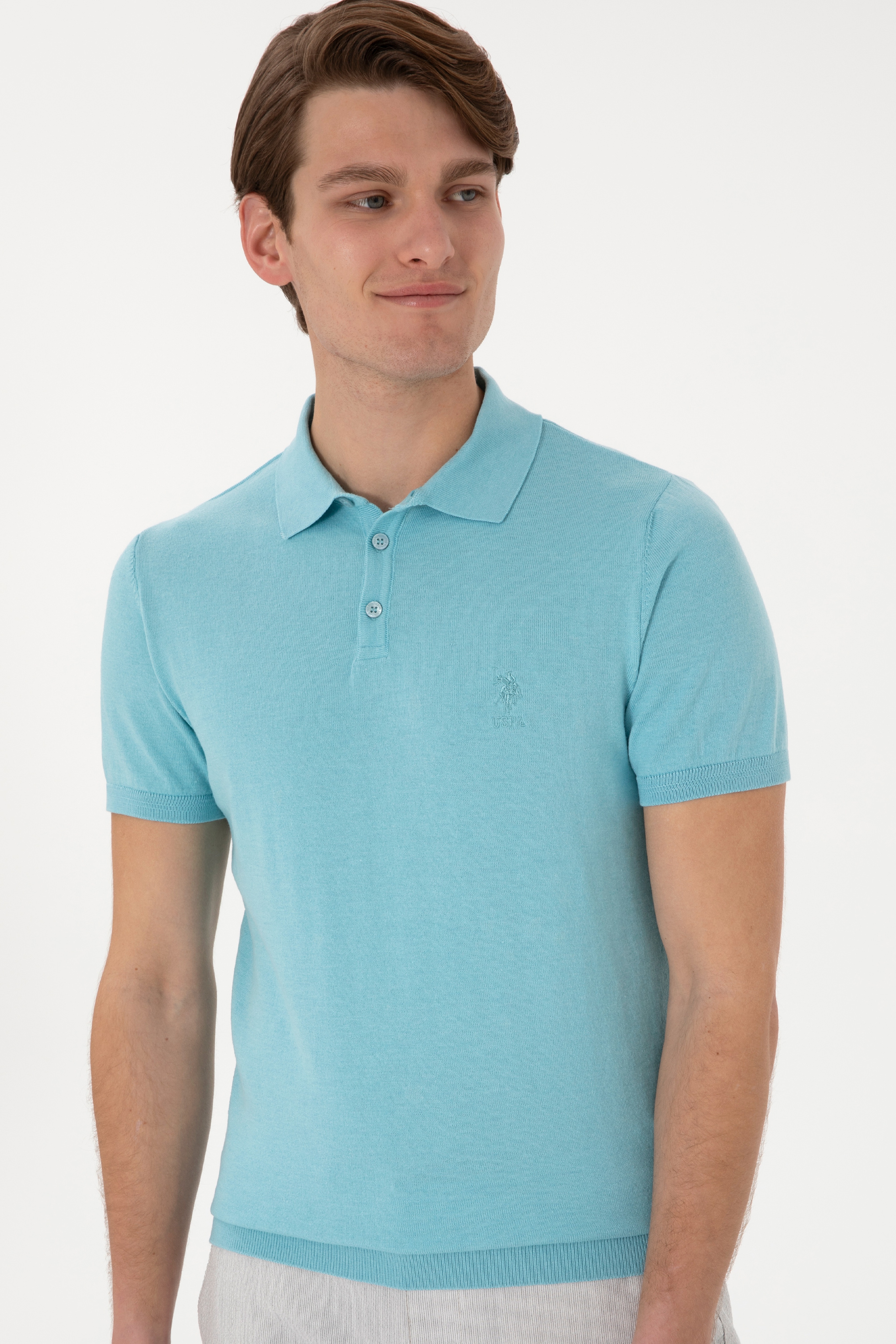 Erkek Slim Fit Polo Yaka Aqua Tişört