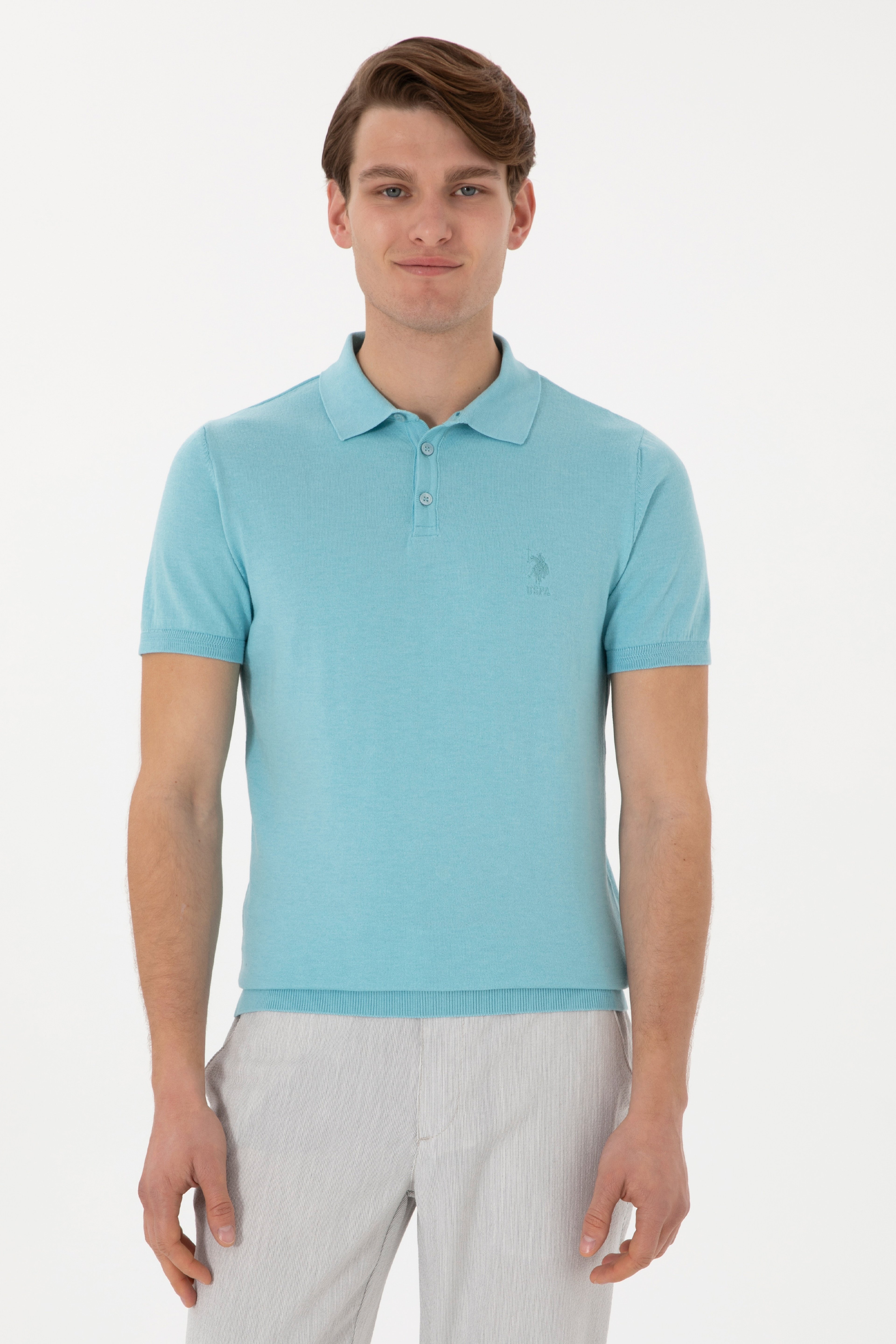 Erkek Slim Fit Polo Yaka Aqua Tişört - Image 1