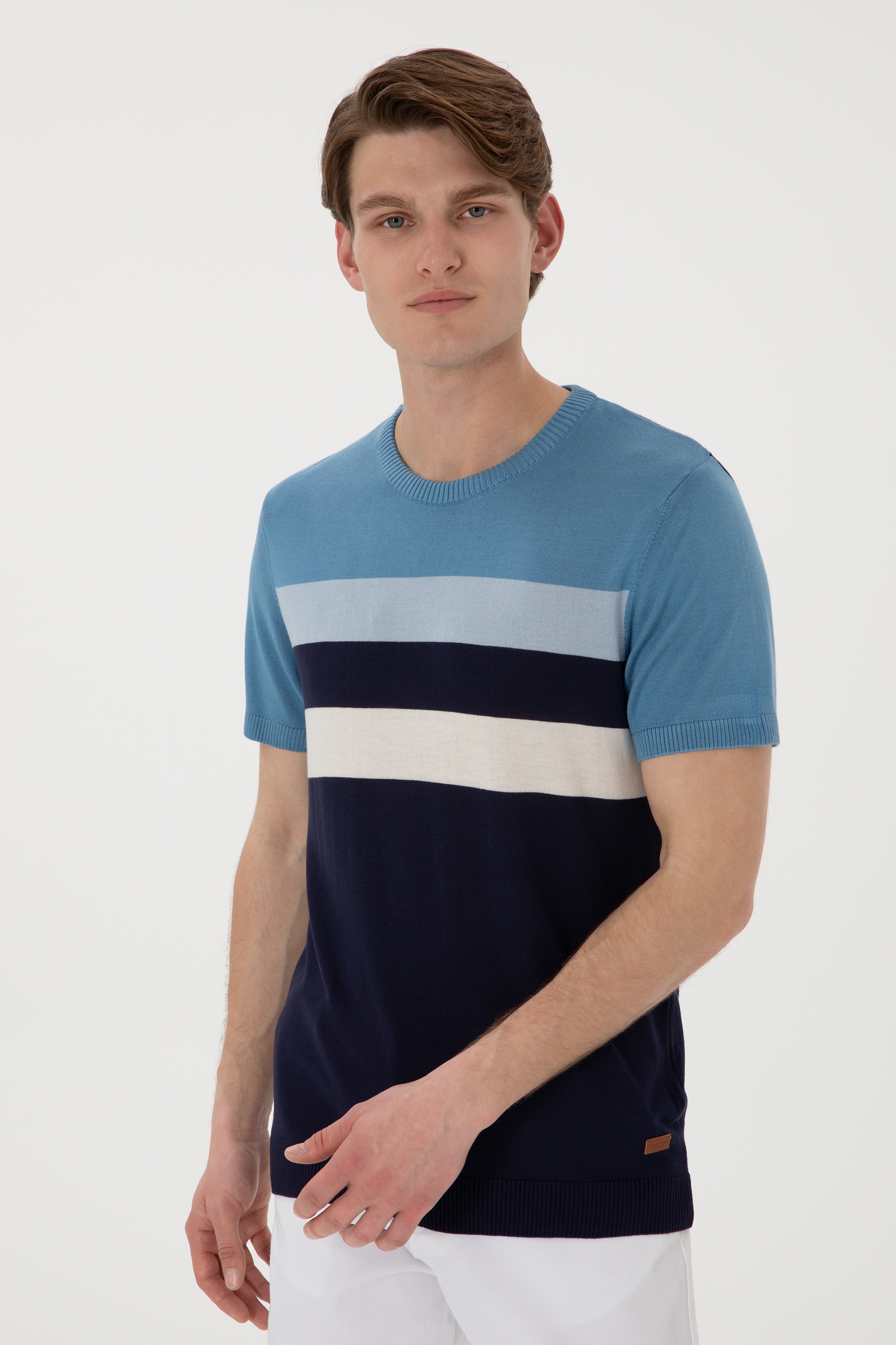 Erkek Slim Fit Bisiklet Yaka Lacivert Tişört - Image 3