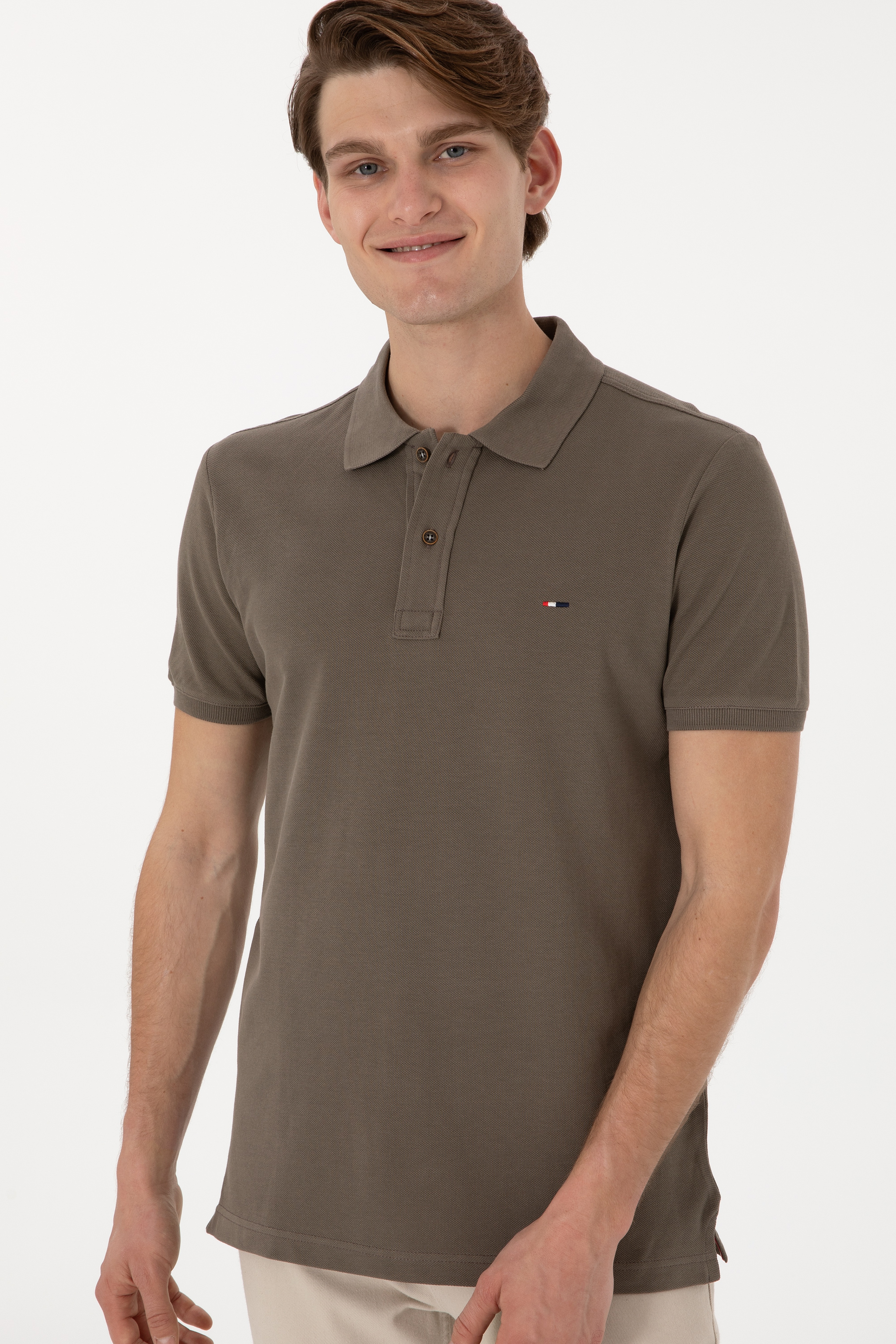 Erkek Slim Fit Polo Yaka Vizon Basic Tişört