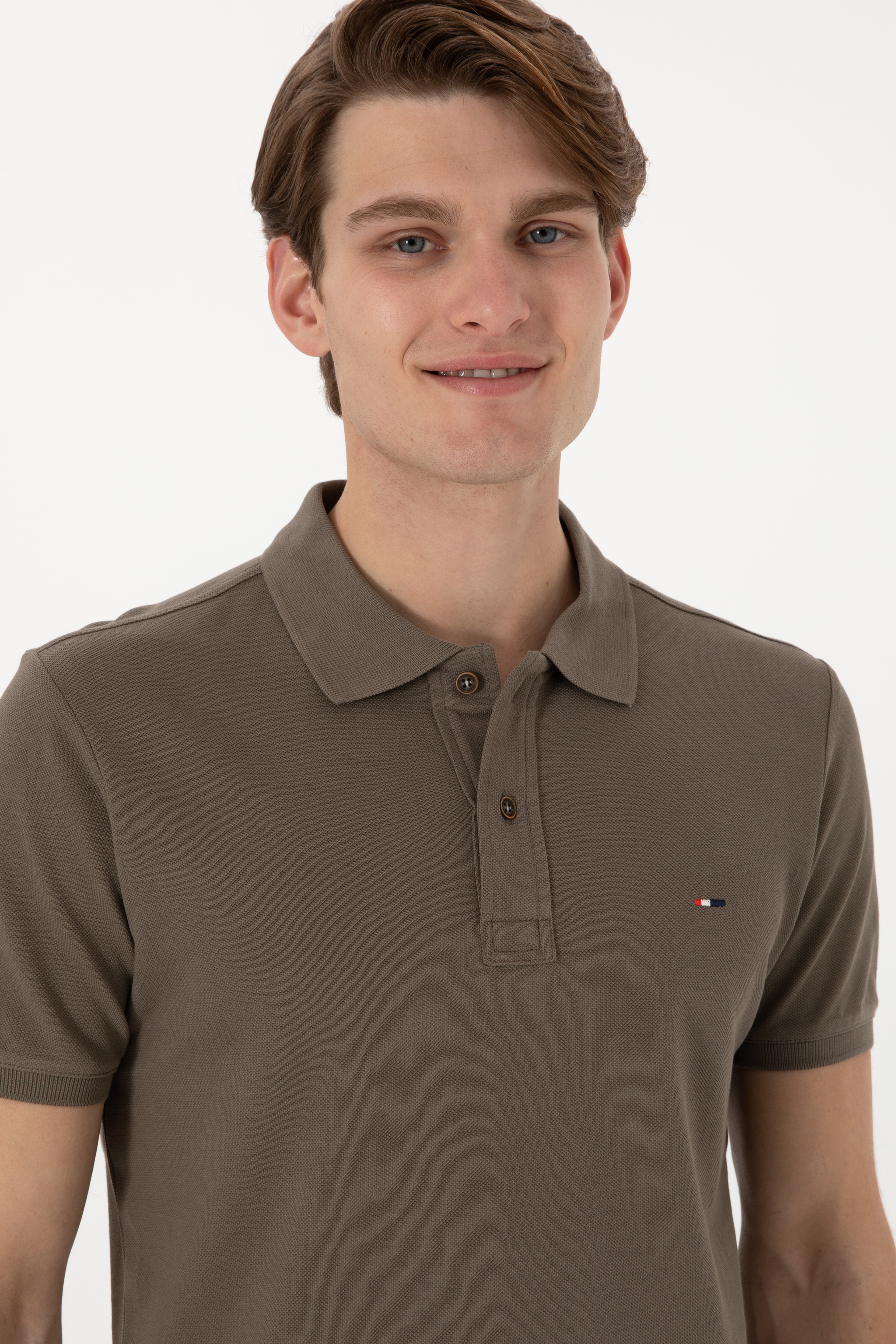Erkek Slim Fit Polo Yaka Vizon Basic Tişört