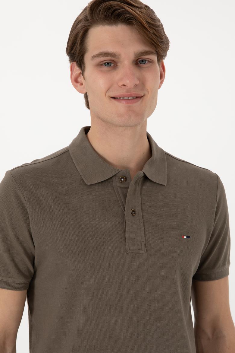 Erkek Slim Fit Polo Yaka Vizon Basic Tişört - 50297983059