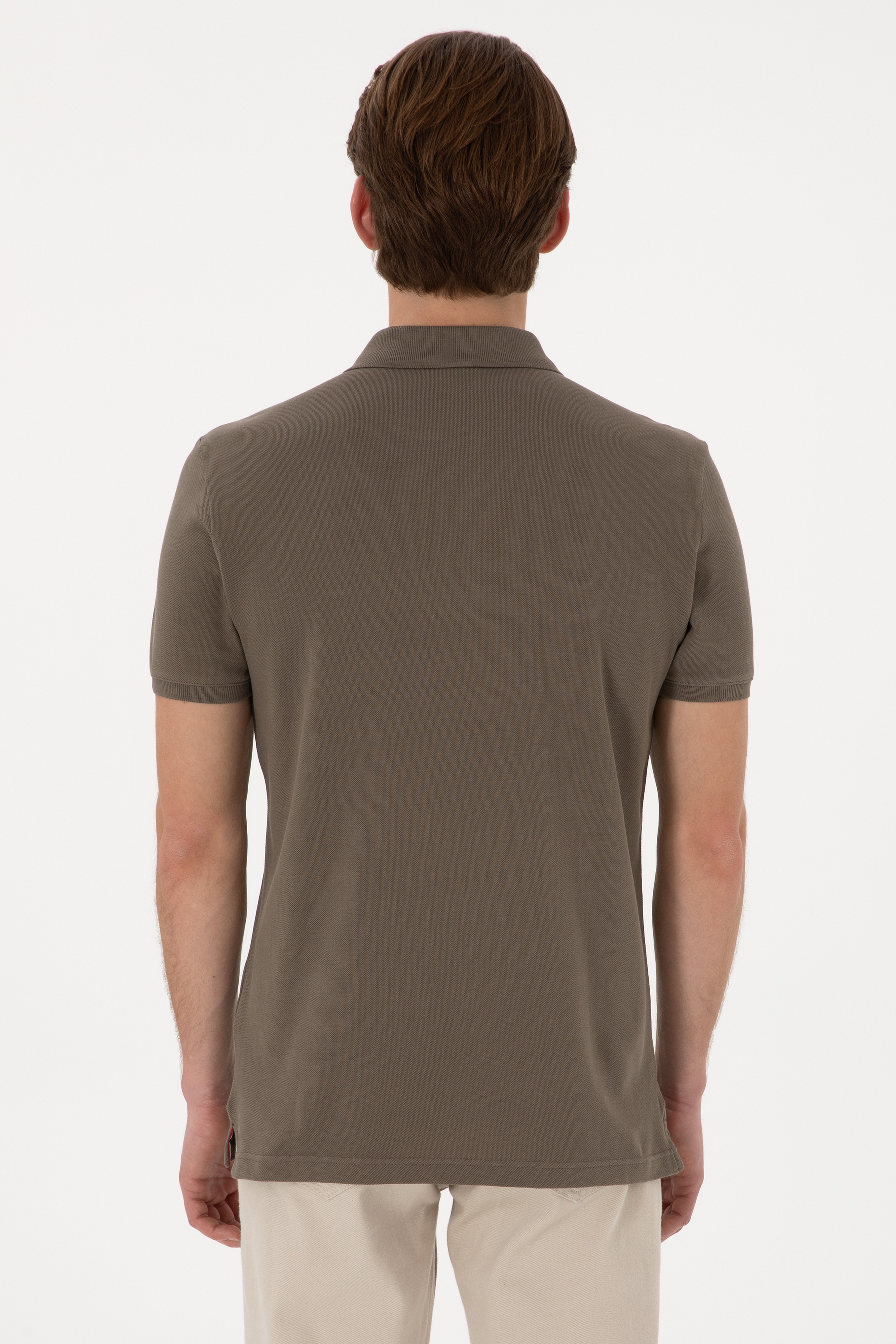 Erkek Slim Fit Polo Yaka Vizon Basic Tişört - Image 5