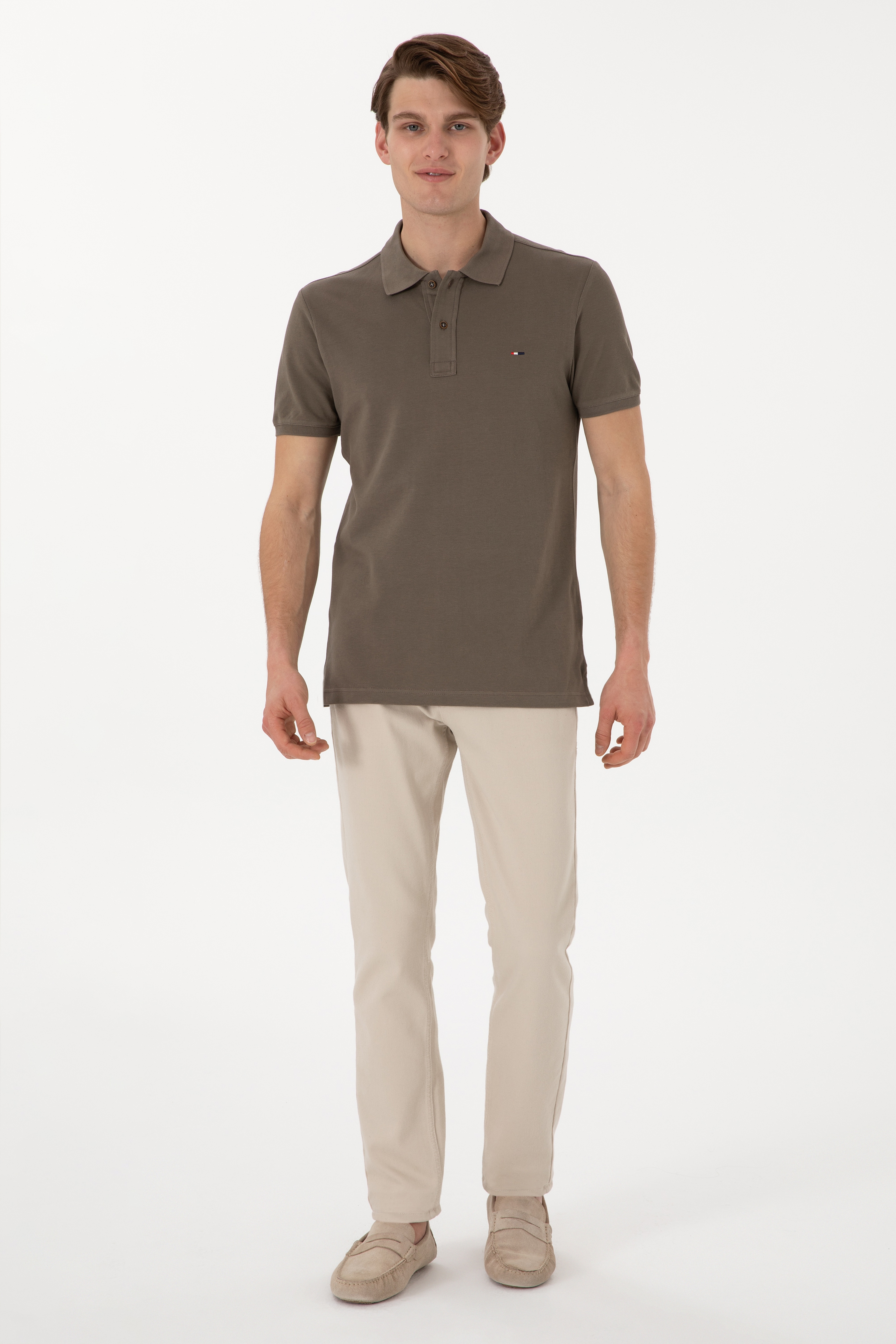 Erkek Slim Fit Polo Yaka Vizon Basic Tişört - Image 4