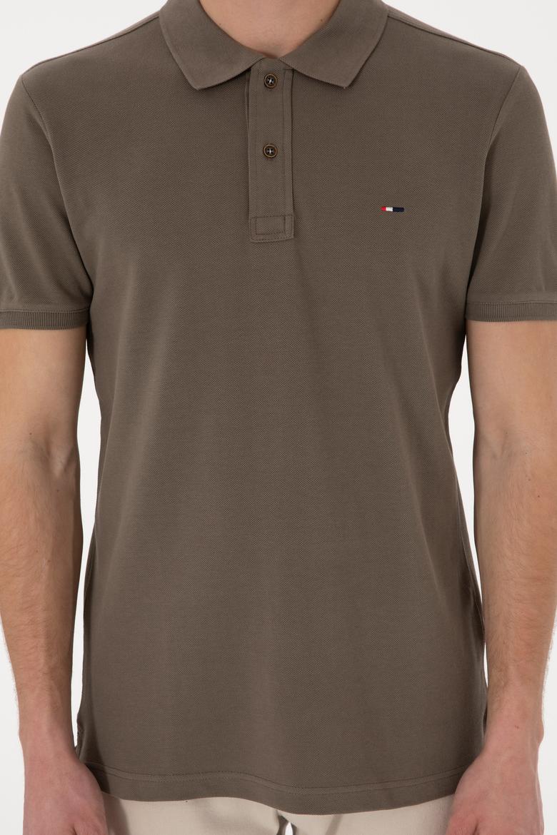 Erkek Slim Fit Polo Yaka Vizon Basic Tişört - 50297983059