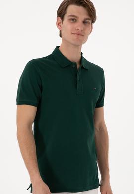 Erkek Slim Fit Polo Yaka Koyu Yeşil Basic Tişört - 50297983063