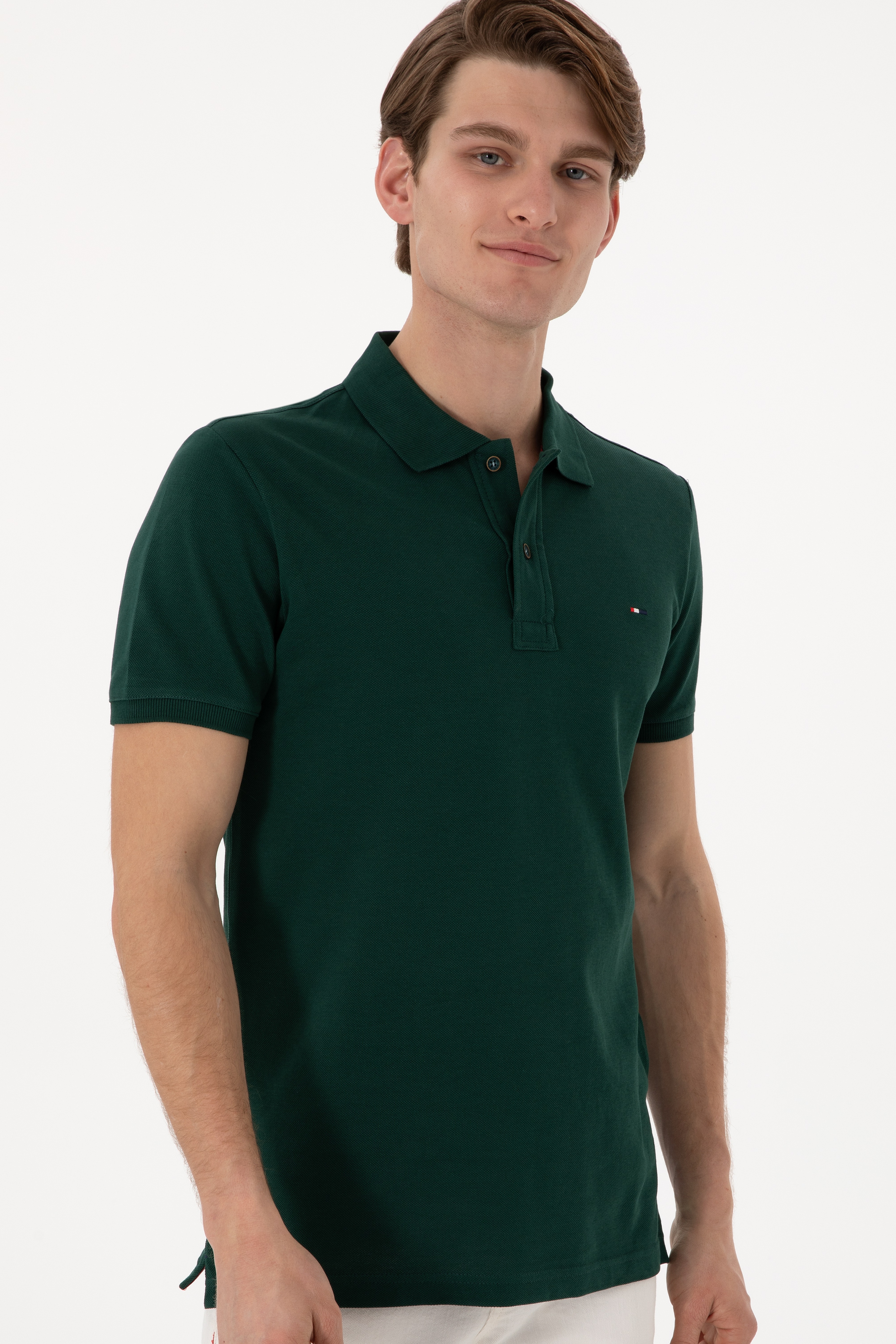 Erkek Slim Fit Polo Yaka Koyu Yeşil Basic Tişört