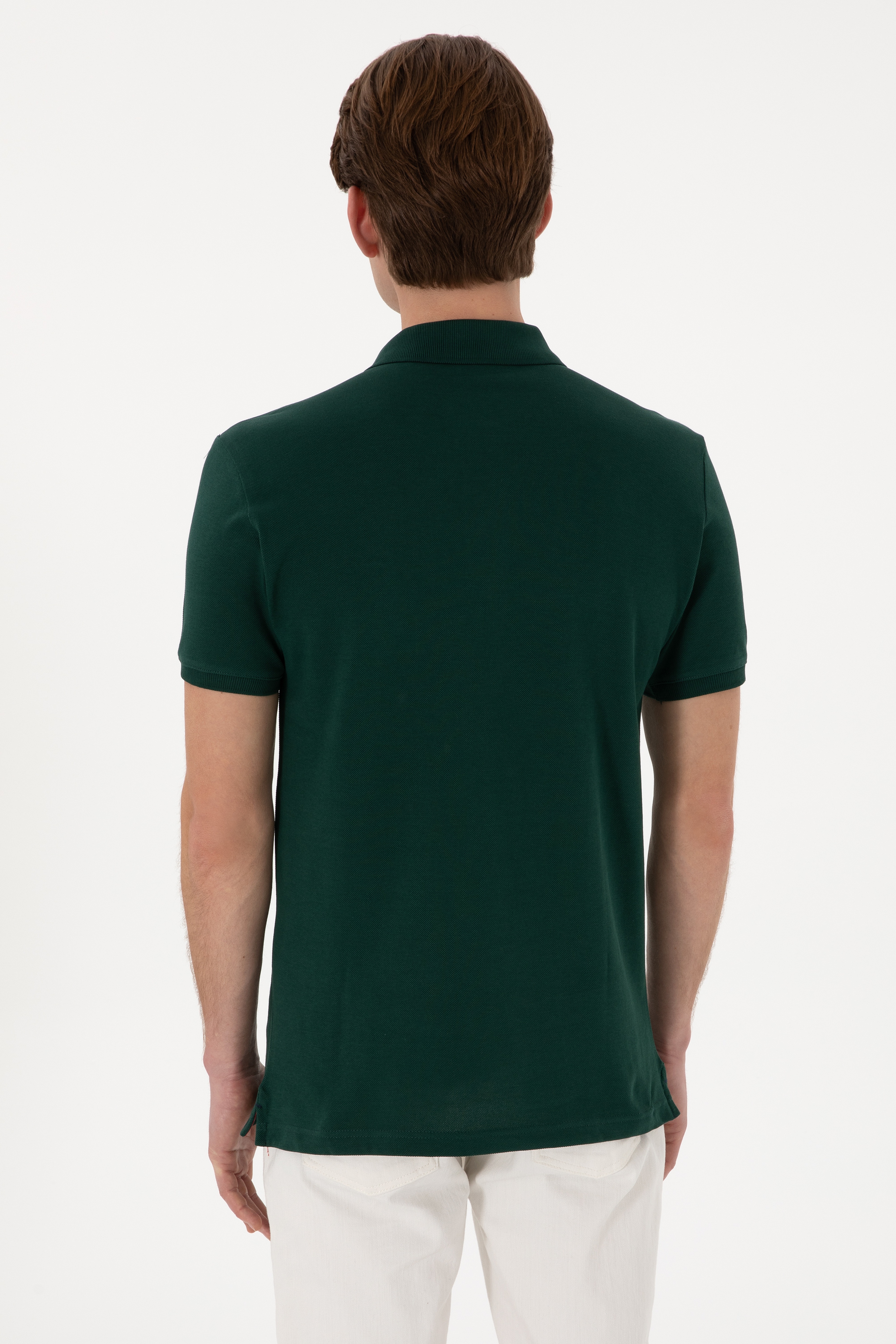Erkek Slim Fit Polo Yaka Koyu Yeşil Basic Tişört - Image 5