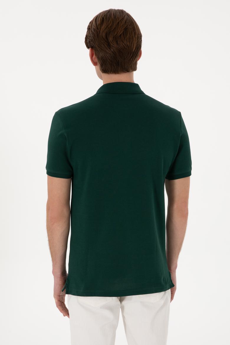 Erkek Slim Fit Polo Yaka Koyu Yeşil Basic Tişört - 50297983063