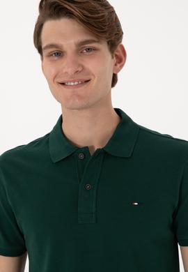 Erkek Slim Fit Polo Yaka Koyu Yeşil Basic Tişört - 50297983063