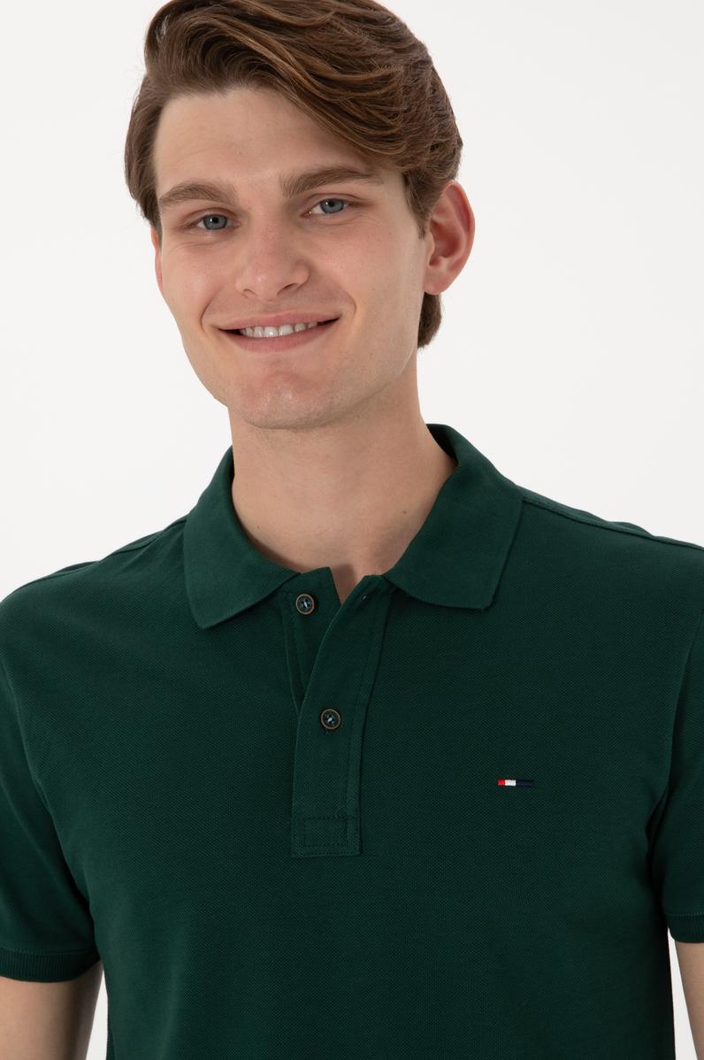 Erkek Slim Fit Polo Yaka Koyu Yeşil Basic Tişört