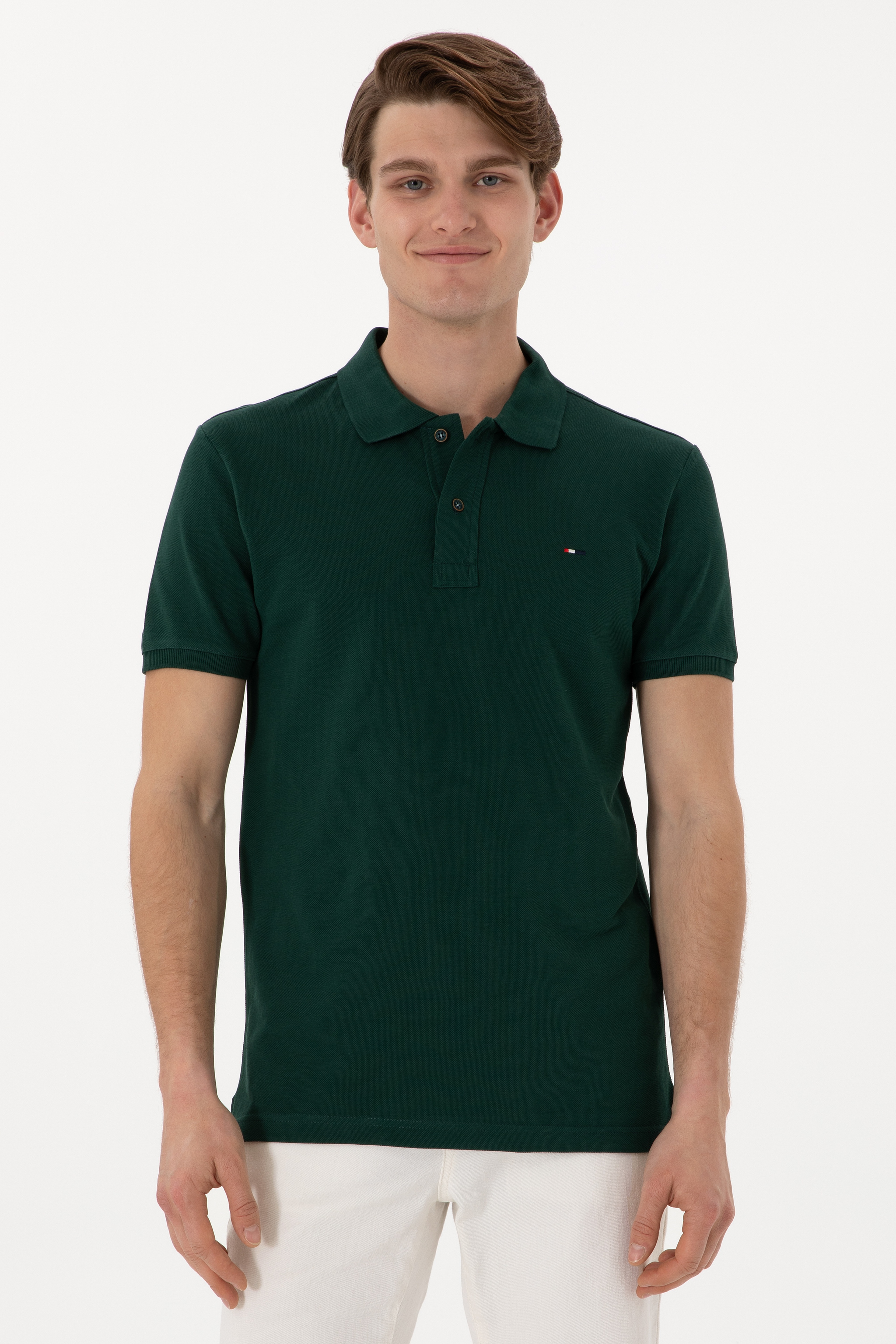 Erkek Slim Fit Polo Yaka Koyu Yeşil Basic Tişört - Image 1