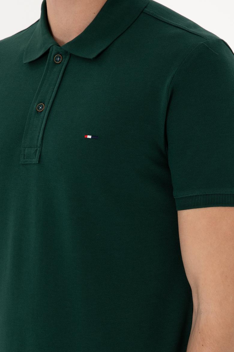 Erkek Slim Fit Polo Yaka Koyu Yeşil Basic Tişört - 50297983063