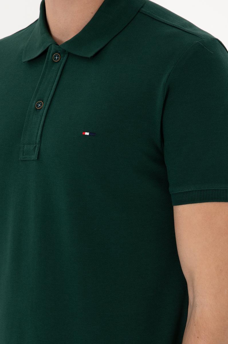 Erkek Slim Fit Polo Yaka Koyu Yeşil Basic Tişört